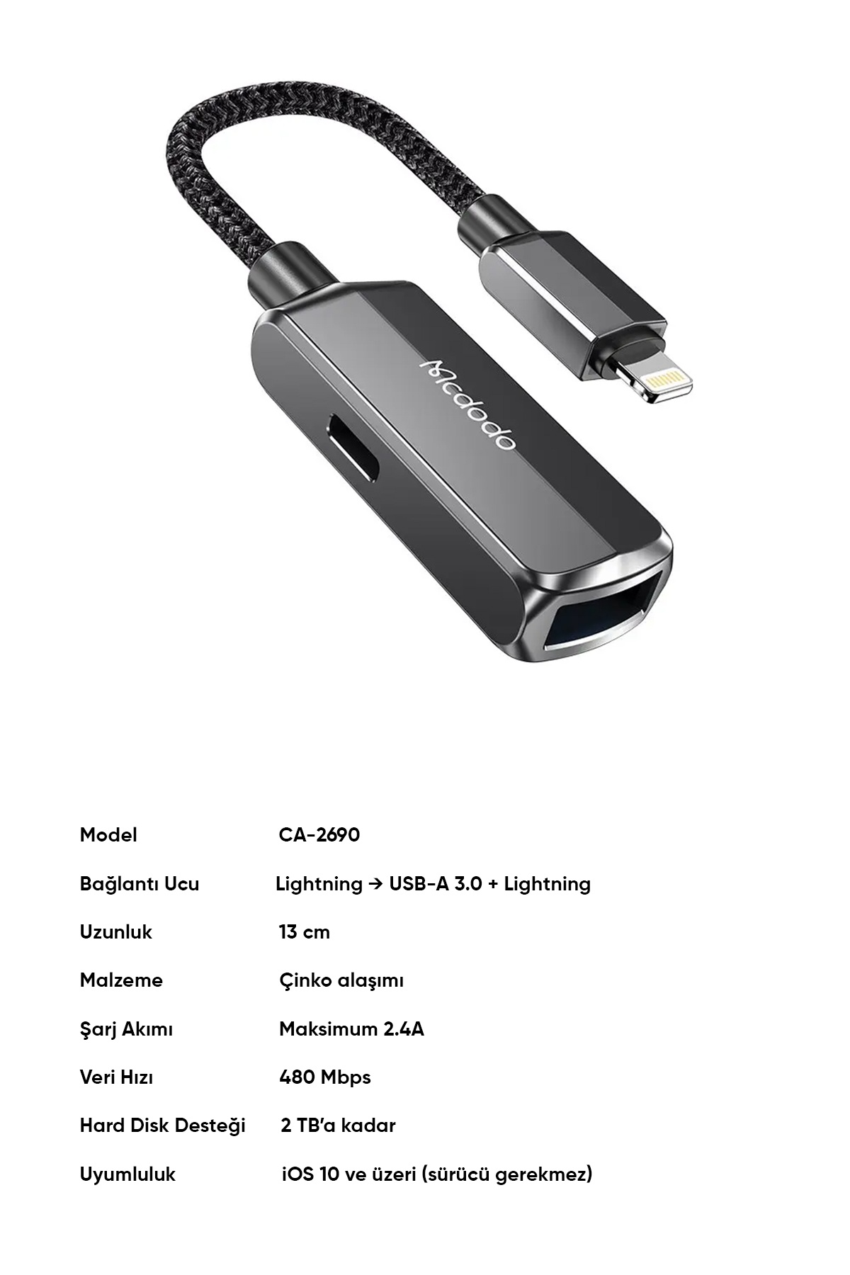 CA-2690 2İN 1 Lightning To USB-A 3.0 + Lightning Şarj Desteği Ve