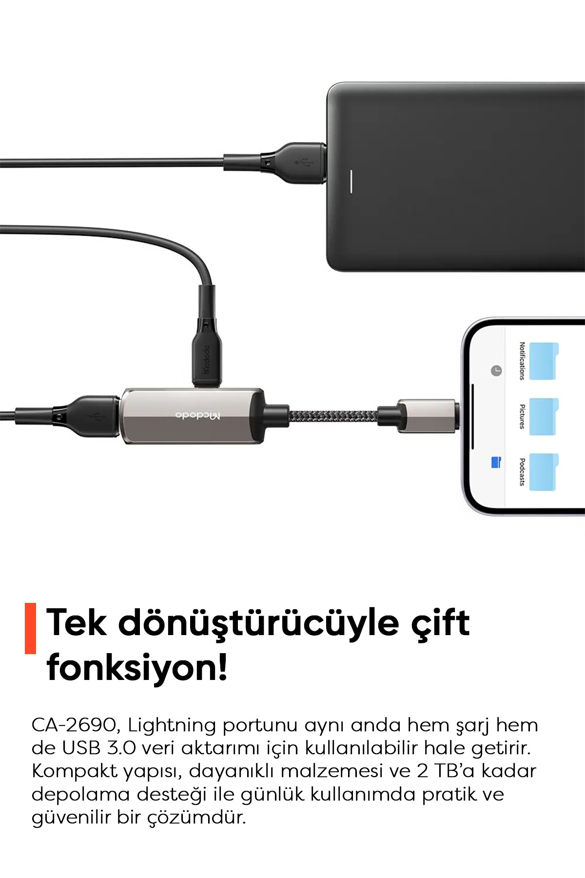 CA-2690 2İN 1 Lightning To USB-A 3.0 + Lightning Şarj Desteği Ve