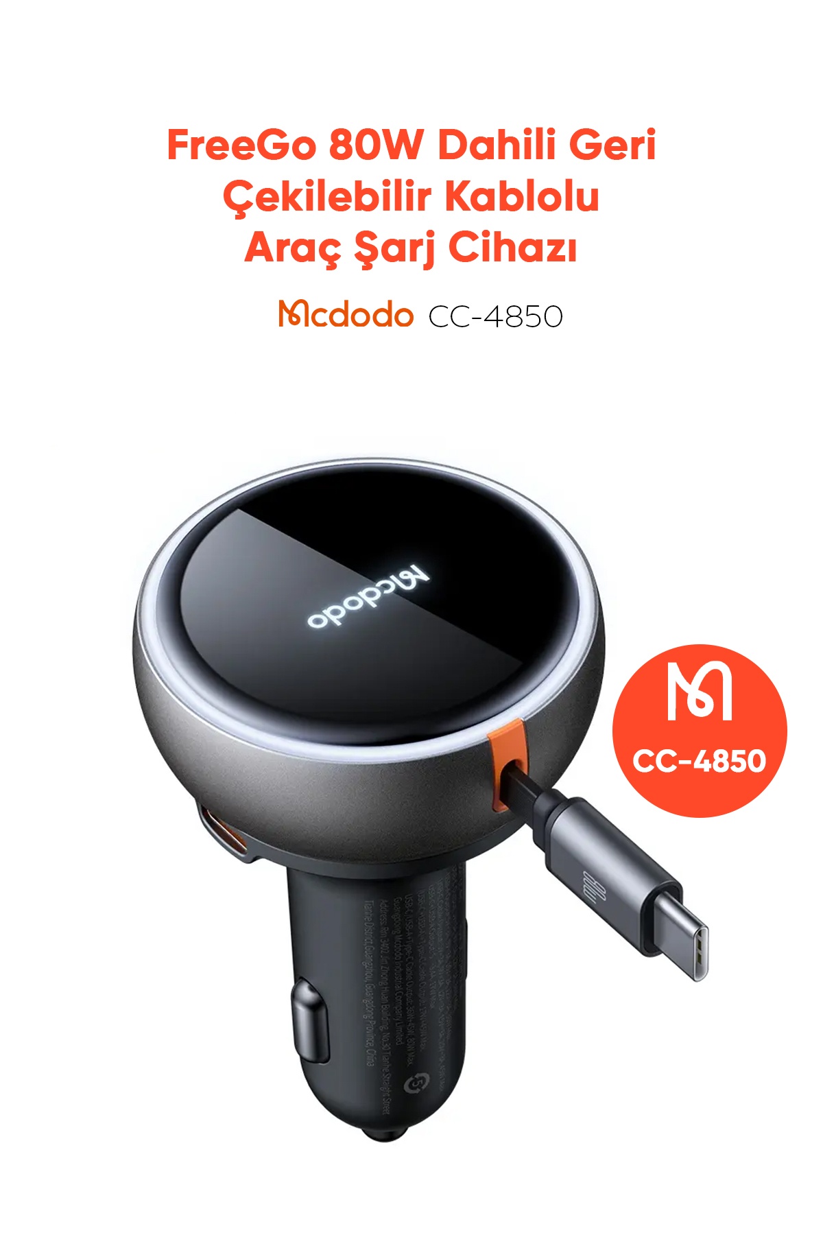 CC-4850 80W USB-C Geri çekilebilir kablo Hızlı araç şarj cihazı