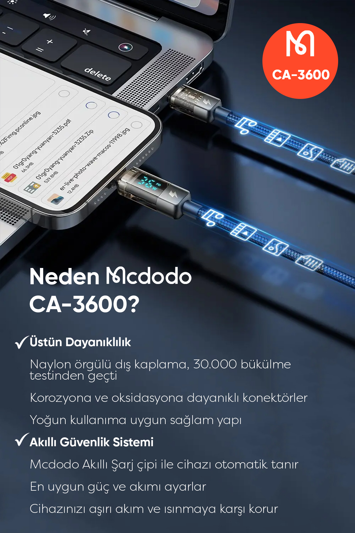 CA-3600 Type-C To Lightning Dijital Ekranlı iPhone Şarj & Data Kablosu - Siyah 1.2M Afişi