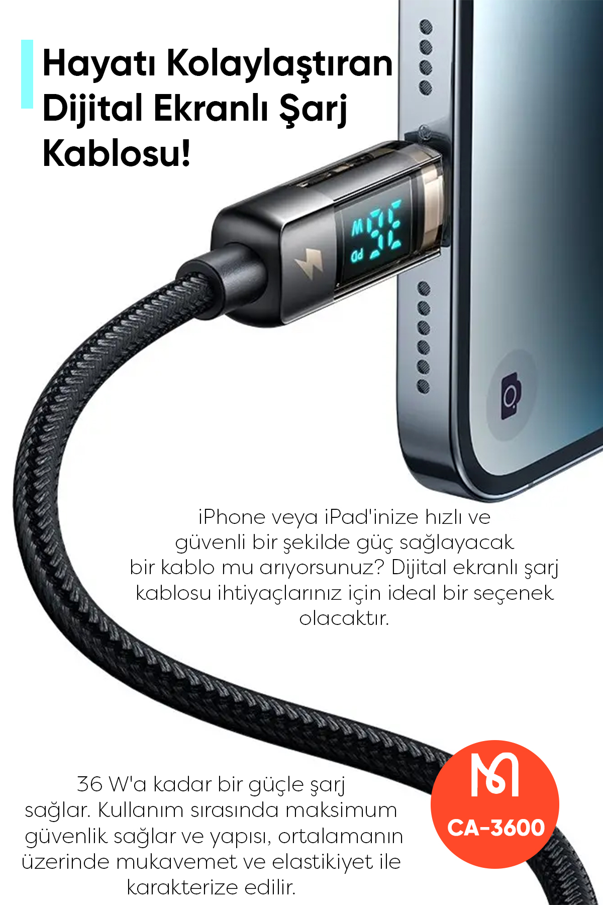CA-3600 Type-C To Lightning Dijital Ekranlı iPhone Şarj & Data Kablosu - Siyah 1.2M Afişi