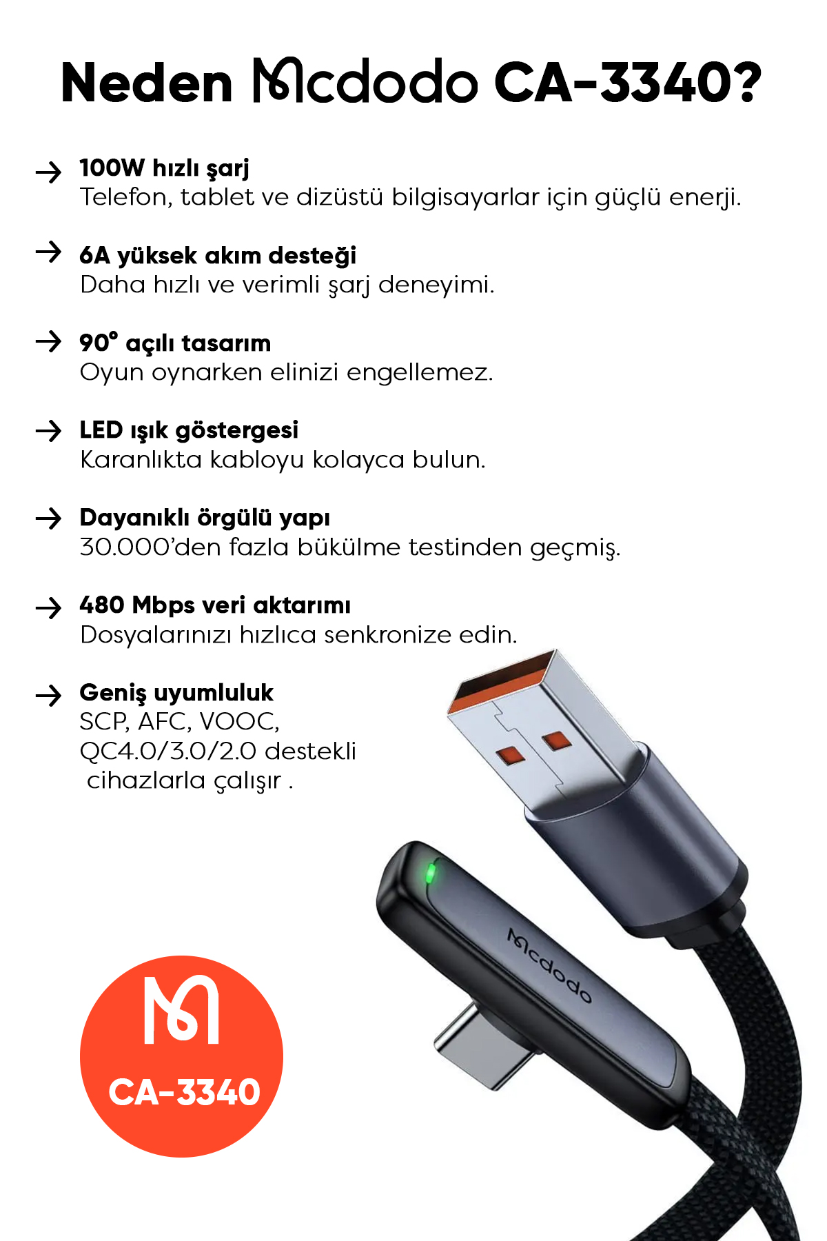 CA-3340 Usb-A To Type-C 100W 90° Açılı Hızlı Şarj & Data Kablosu 6A 1.2m - Siyah Afişi