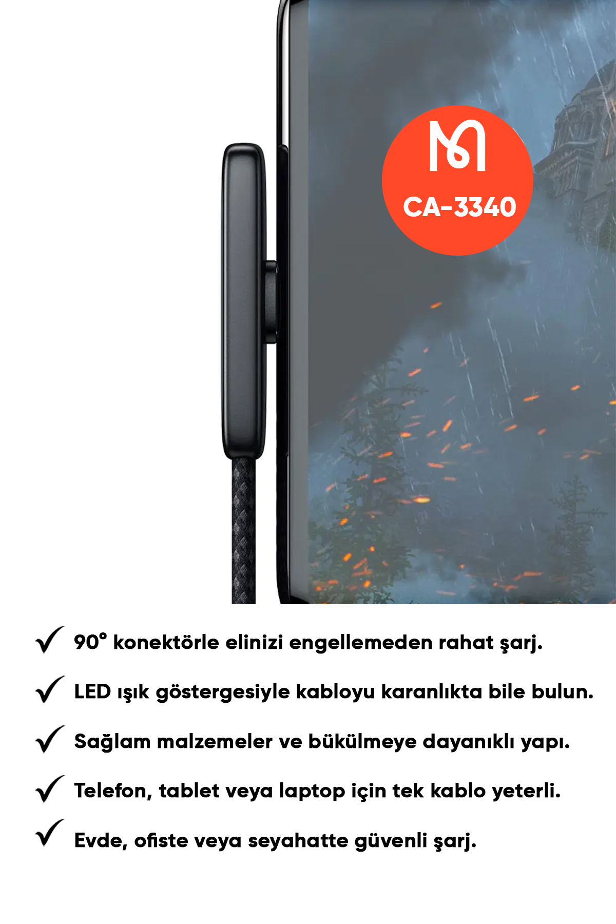 CA-3340 Usb-A To Type-C 100W 90° Açılı Hızlı Şarj & Data Kablosu 6A 1.2m - Siyah Afişi