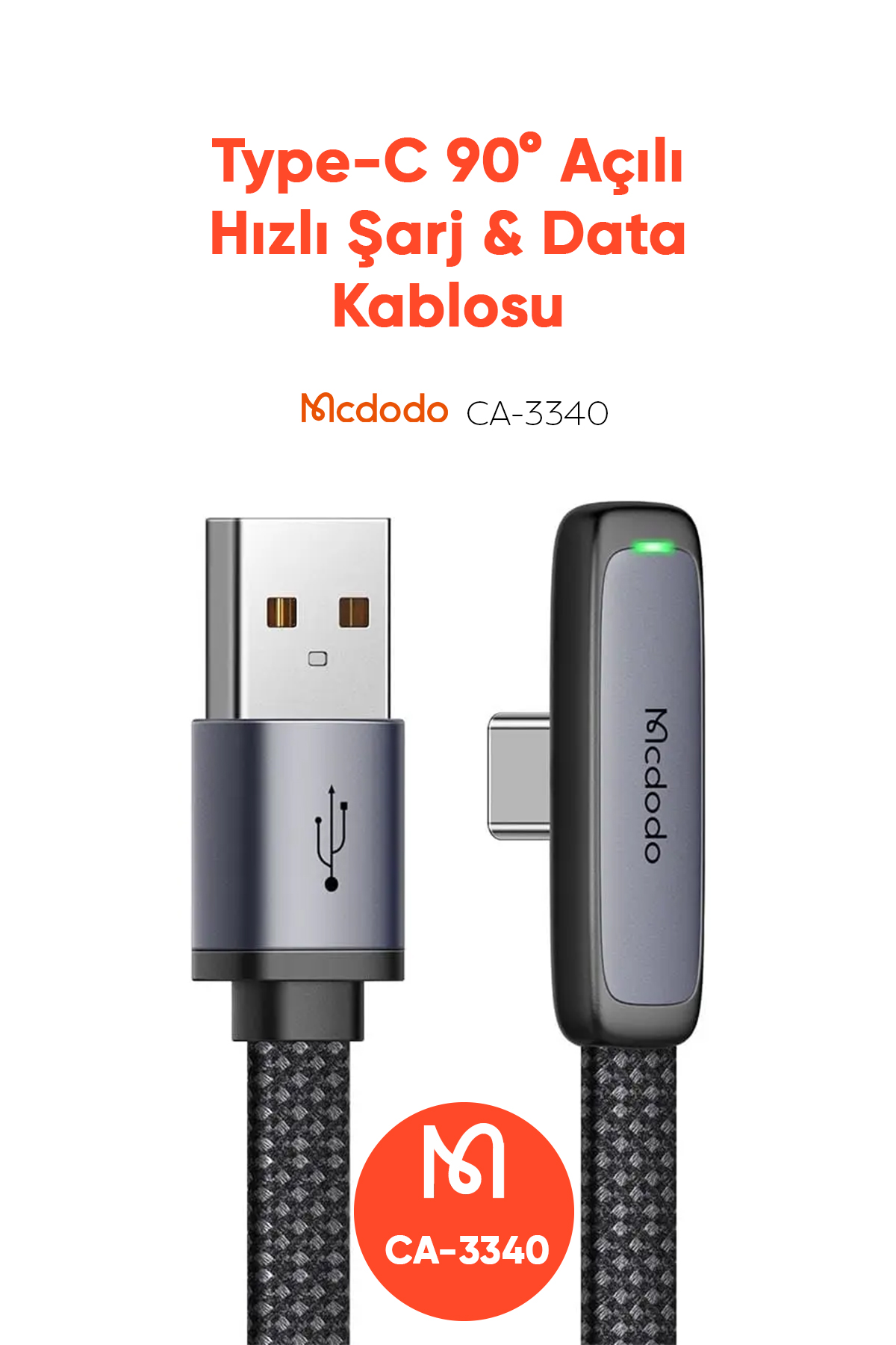 CA-3340 Usb-A To Type-C 100W 90° Açılı Hızlı Şarj & Data Kablosu 6A 1.2m - Siyah Afişi