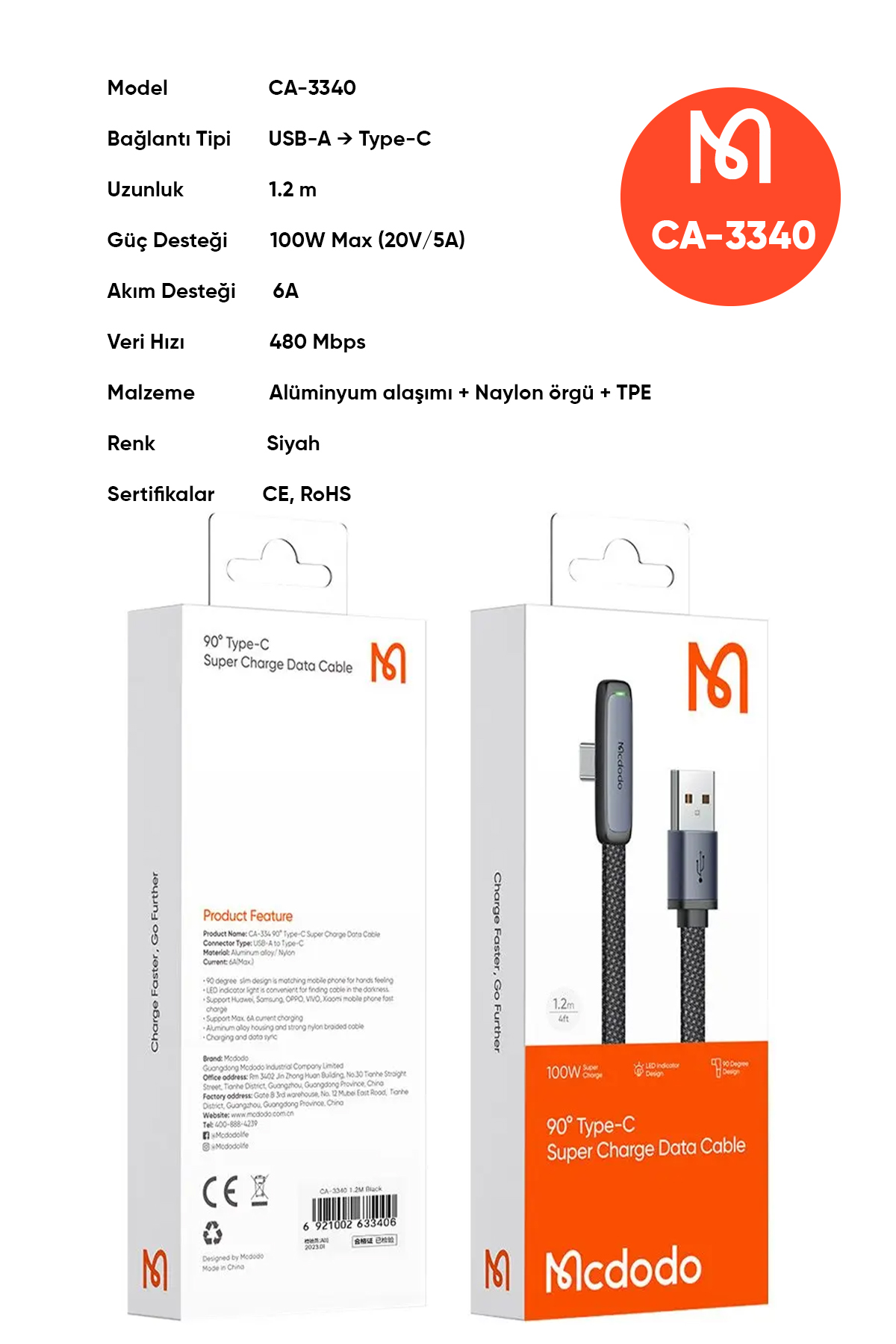 CA-3340 Usb-A To Type-C 100W 90° Açılı Hızlı Şarj & Data Kablosu 6A 1.2m - Siyah Afişi