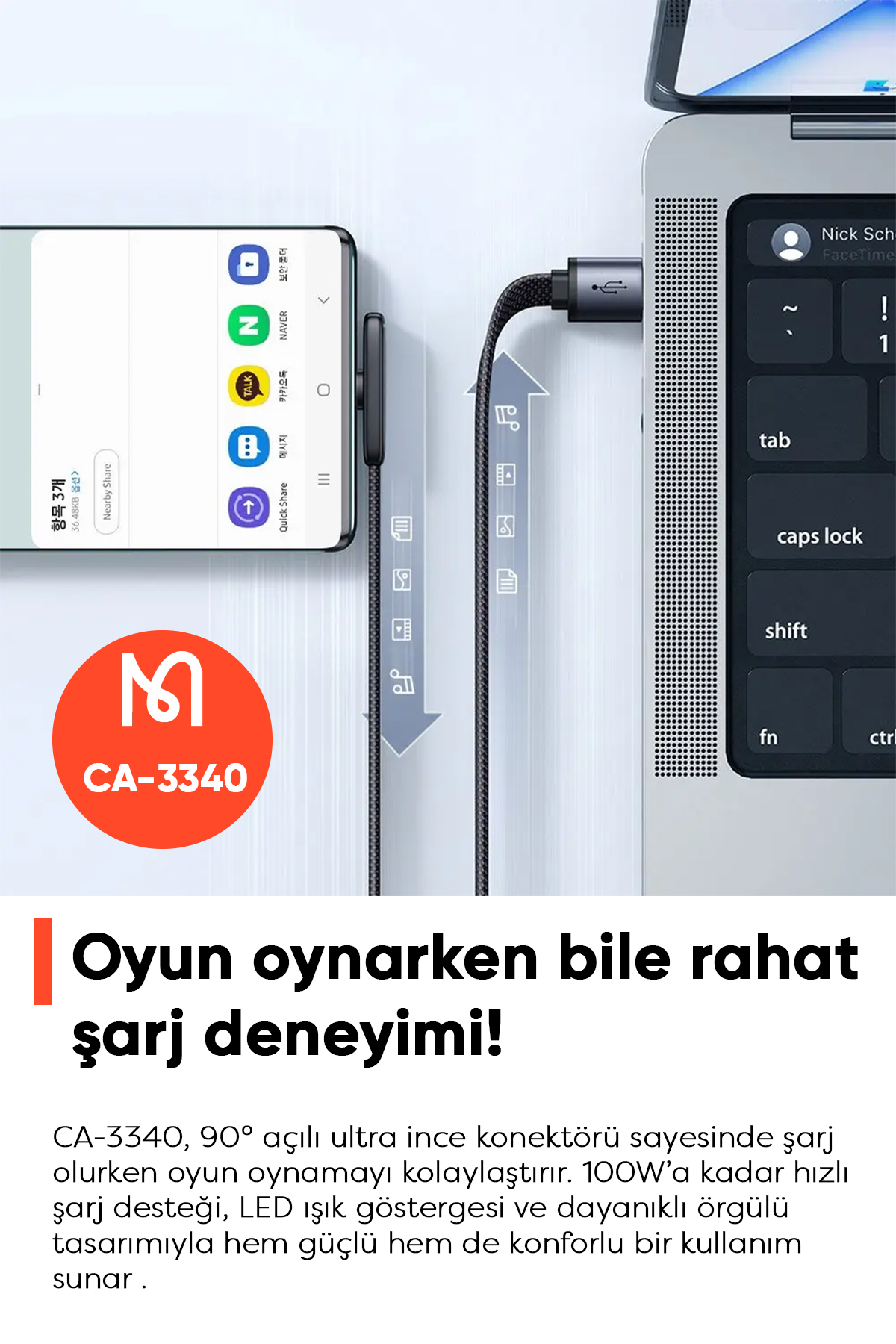 CA-3340 Usb-A To Type-C 100W 90° Açılı Hızlı Şarj & Data Kablosu 6A 1.2m - Siyah Afişi