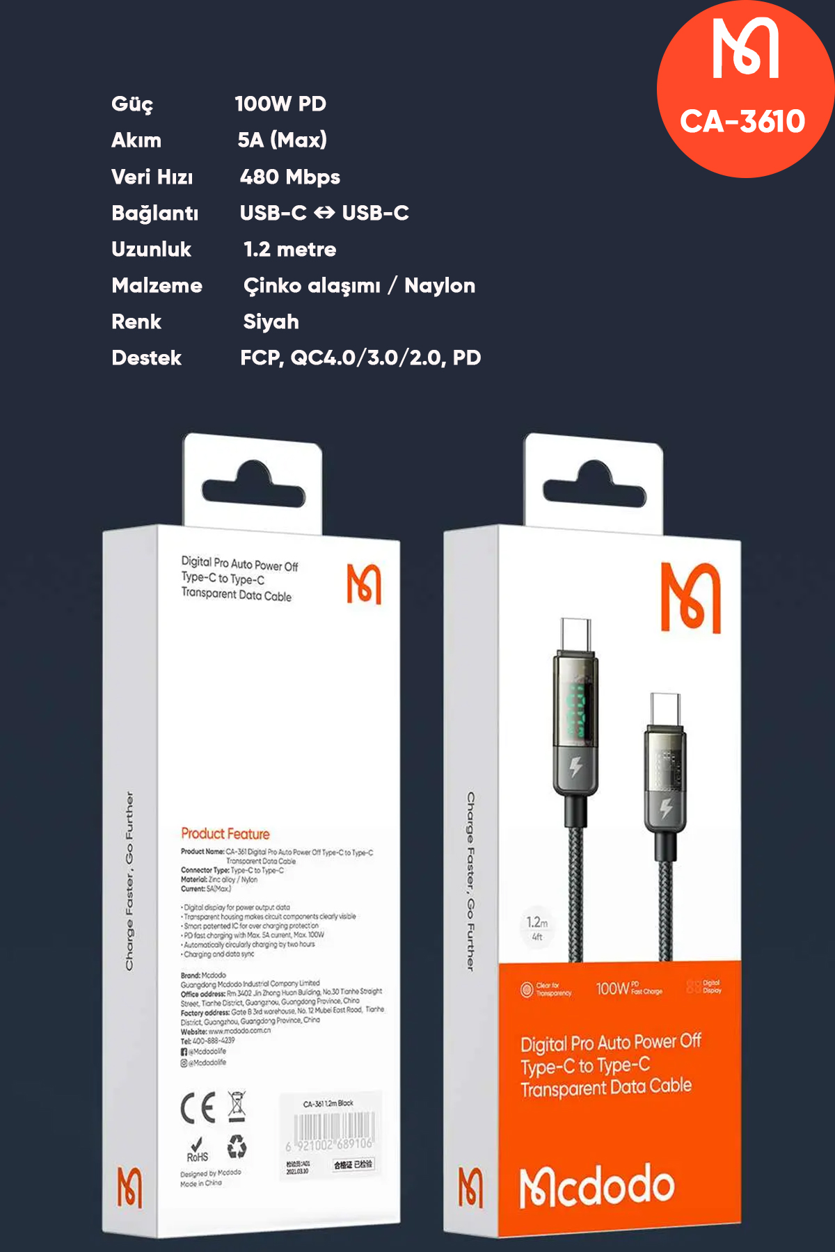 CA-3610 Type-C to Type-C Dijital Ekranlı Power Off Hızlı Şarj & Data Kablosu - Siyah 1.2M Afişi
