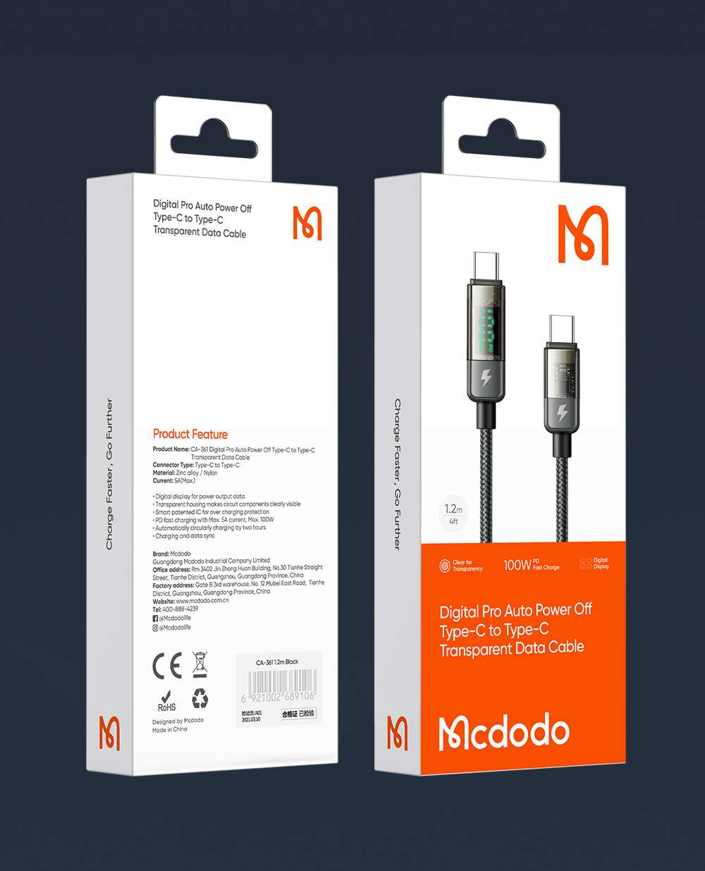 Mcdodo CA-3610 100W Type-C to Type-C Dijital Ekranlı Power Off Hızlı Şarj & Data Kablosu 1.2m - Siyah
