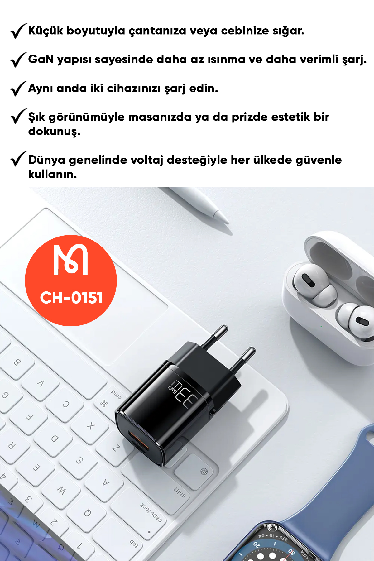 CH-0151 33W Gan Pd 1xUsb 1XType-C Girişli Mini Hızlı Şarj Aleti - Siyah Afişi