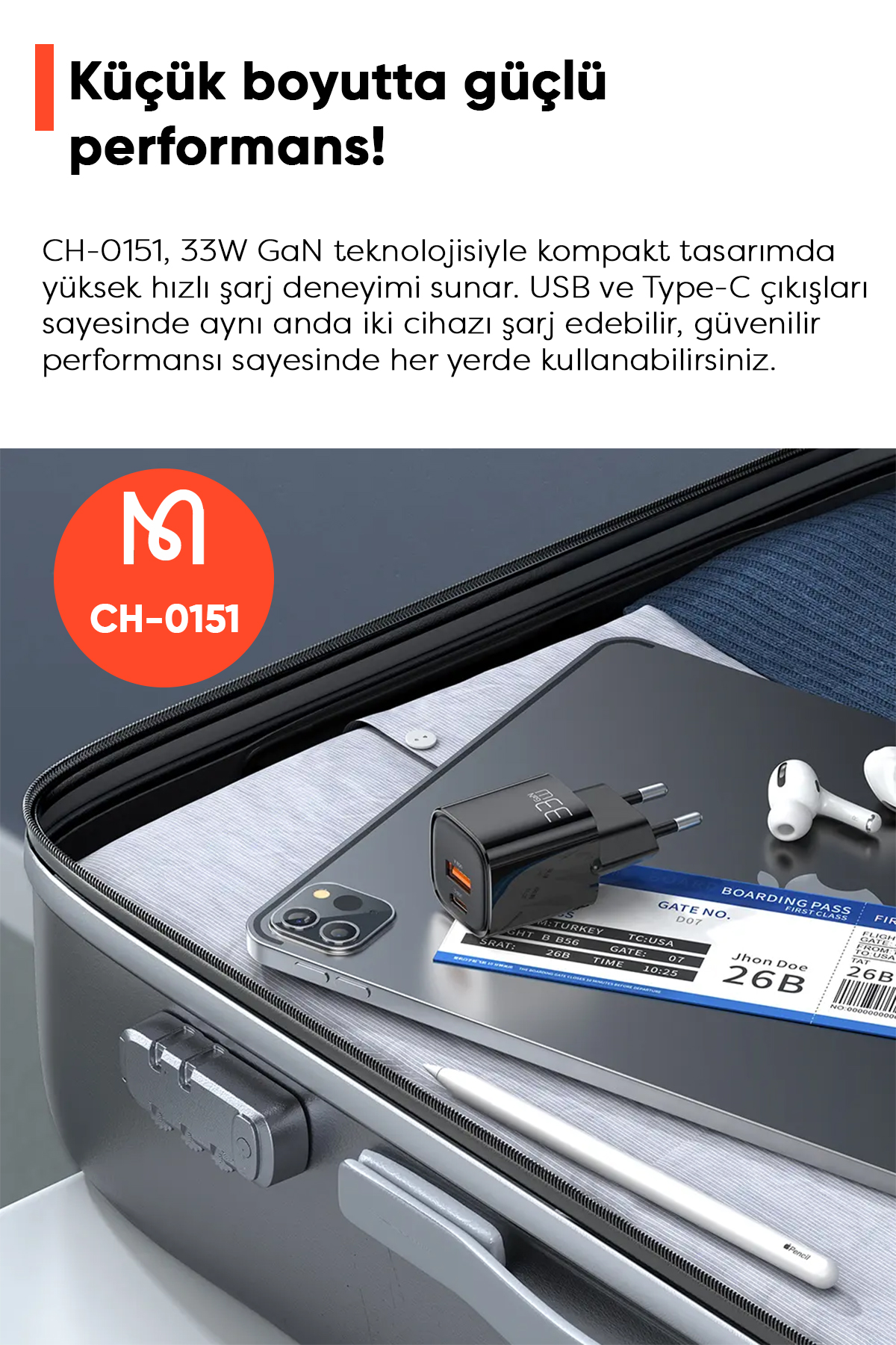 CH-0151 33W Gan Pd 1xUsb 1XType-C Girişli Mini Hızlı Şarj Aleti - Siyah Afişi