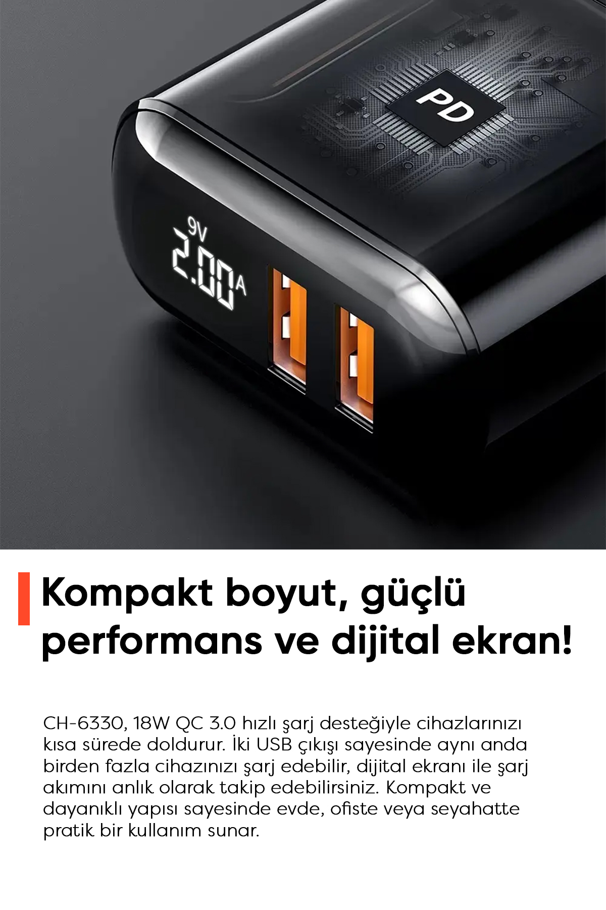 CH-6330 18W Dijital Göstergeli 2XUsb Girişli Hızlı Şarj Adaptörü - Siyah Afişi