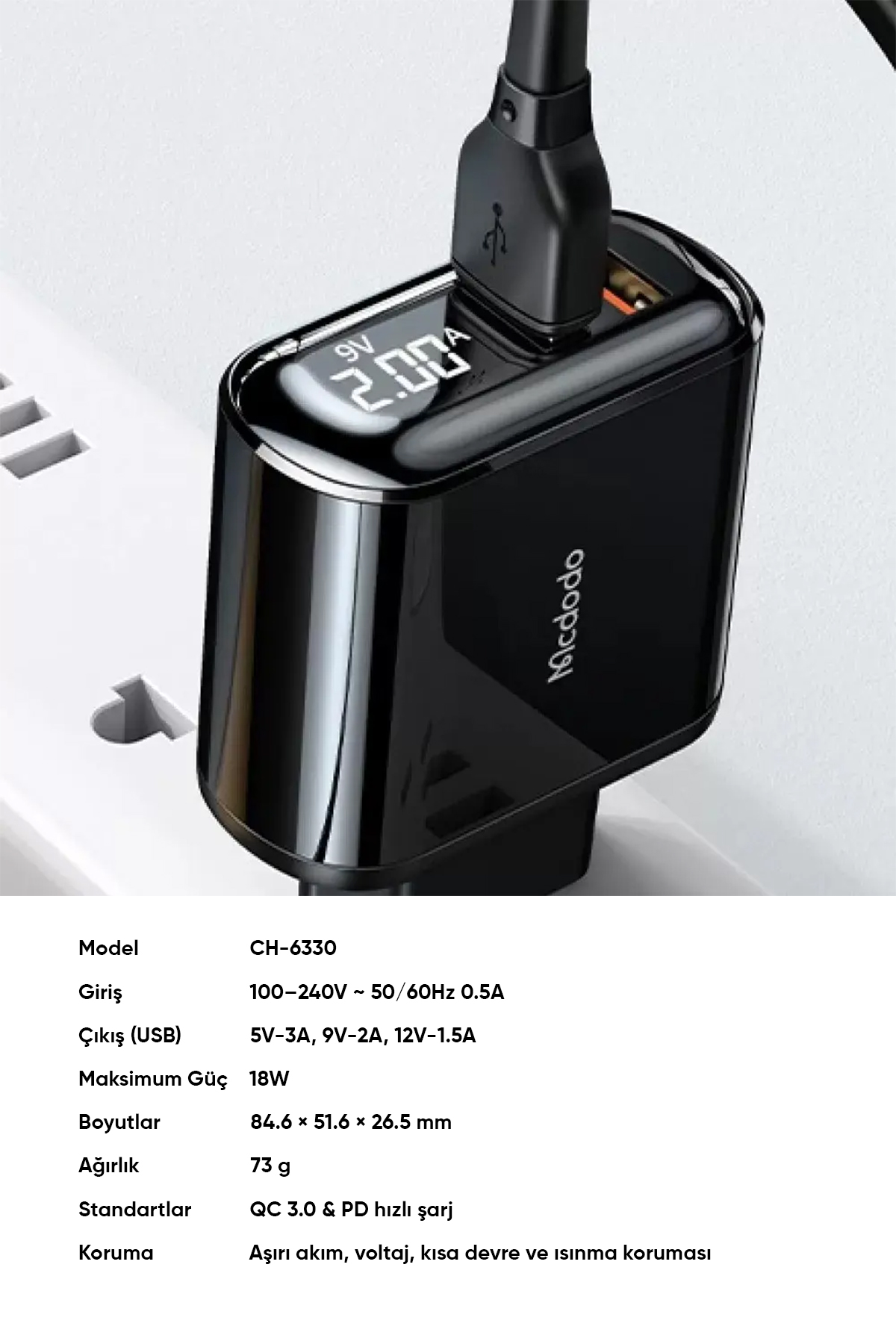 CH-6330 18W Dijital Göstergeli 2XUsb Girişli Hızlı Şarj Adaptörü - Siyah Afişi