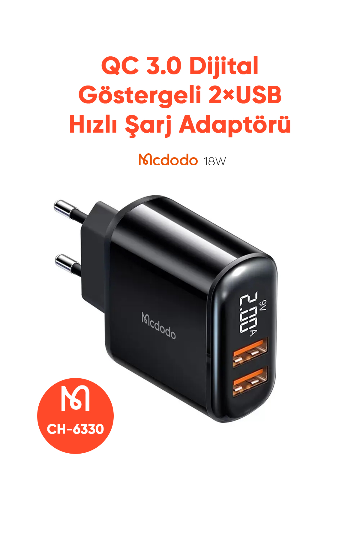 CH-6330 18W Dijital Göstergeli 2XUsb Girişli Hızlı Şarj Adaptörü - Siyah Afişi