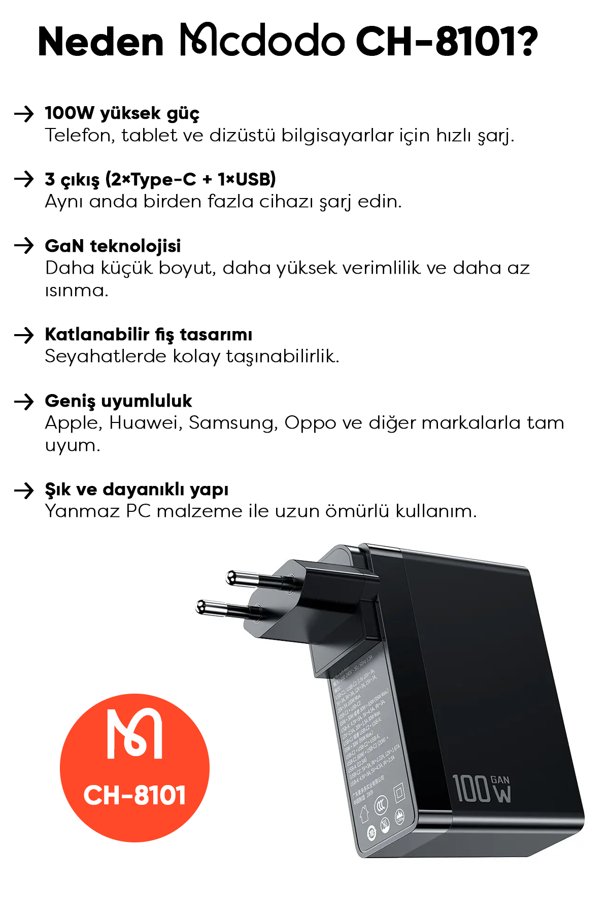 CH-8101 Gan Serisi 100W 3 Port Başlıklı1xUsb  2 xType-C Girişli Universal Şarj Adaptörü-Siyah Afişi