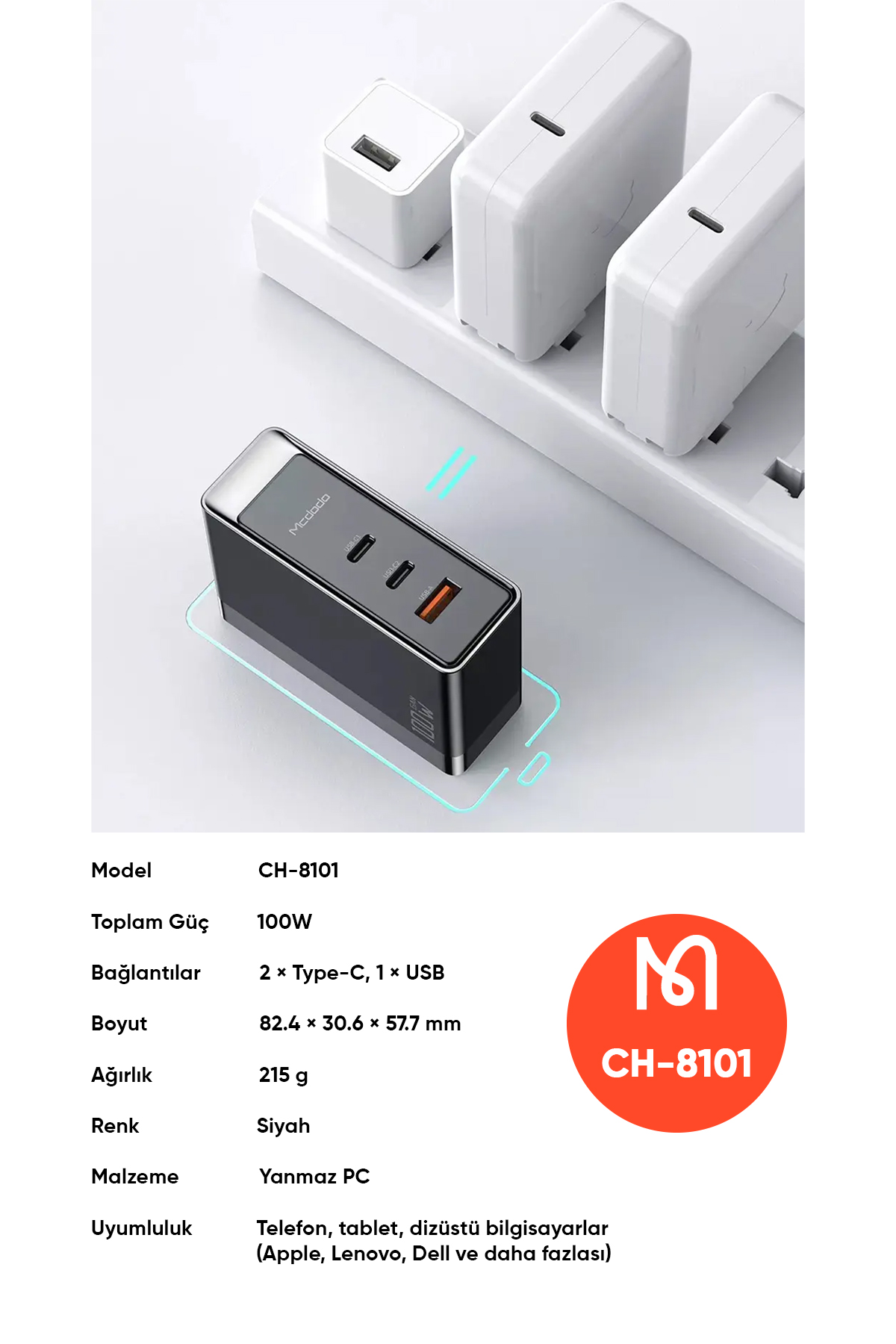 CH-8101 Gan Serisi 100W 3 Port Başlıklı1xUsb  2 xType-C Girişli Universal Şarj Adaptörü-Siyah Afişi