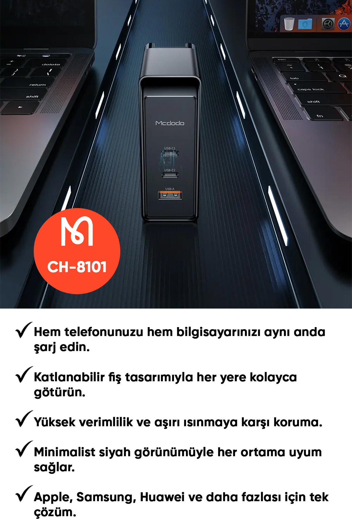 CH-8101 Gan Serisi 100W 3 Port Başlıklı1xUsb  2 xType-C Girişli Universal Şarj Adaptörü-Siyah Afişi