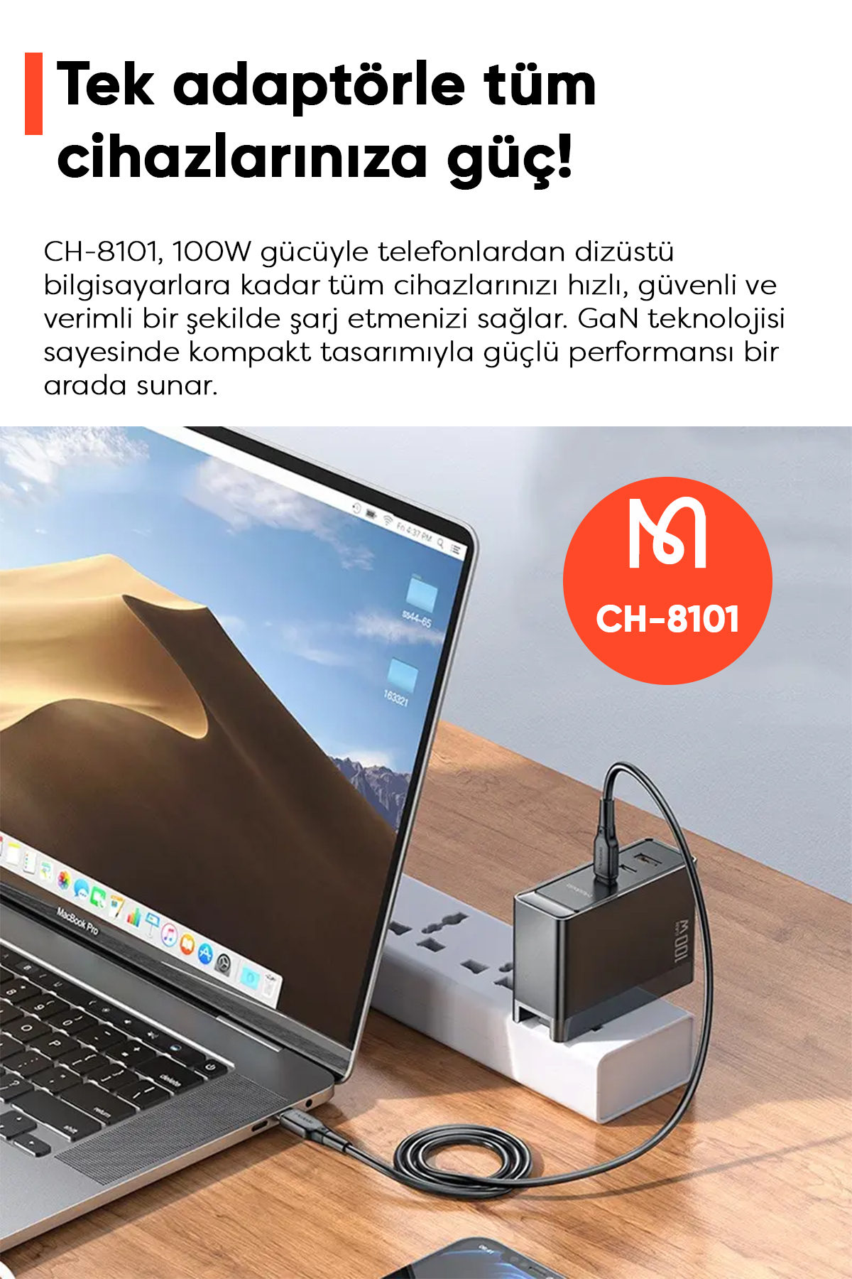 CH-8101 Gan Serisi 100W 3 Port Başlıklı1xUsb  2 xType-C Girişli Universal Şarj Adaptörü-Siyah Afişi