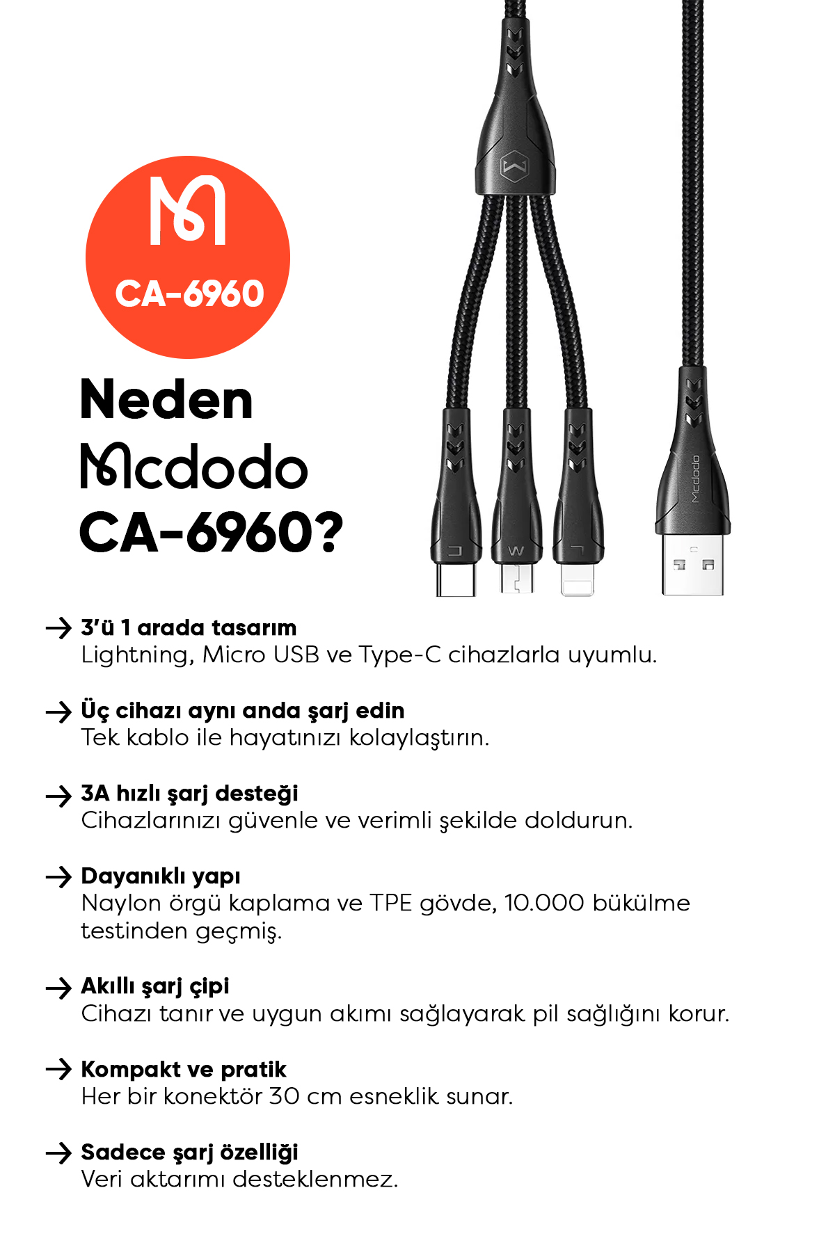 CA-6960 3İN1 (LİGHTNİNG-MİCRO-TYPE-C) ŞARJ KABLOSU 3A 1.2M Afişi