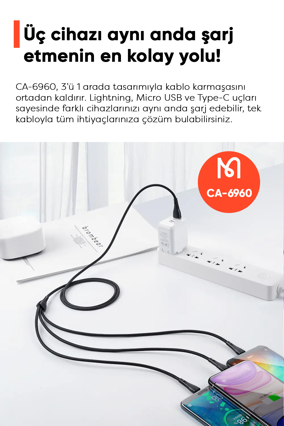 CA-6960 3İN1 (LİGHTNİNG-MİCRO-TYPE-C) ŞARJ KABLOSU 3A 1.2M Afişi