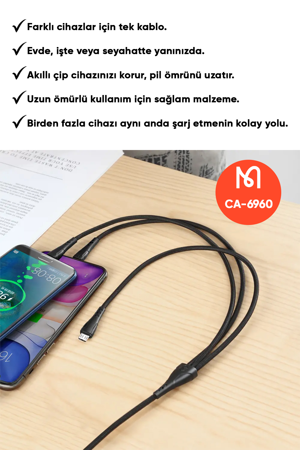 CA-6960 3İN1 (LİGHTNİNG-MİCRO-TYPE-C) ŞARJ KABLOSU 3A 1.2M Afişi