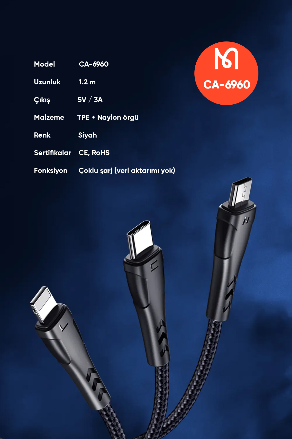 CA-6960 3İN1 (LİGHTNİNG-MİCRO-TYPE-C) ŞARJ KABLOSU 3A 1.2M Afişi