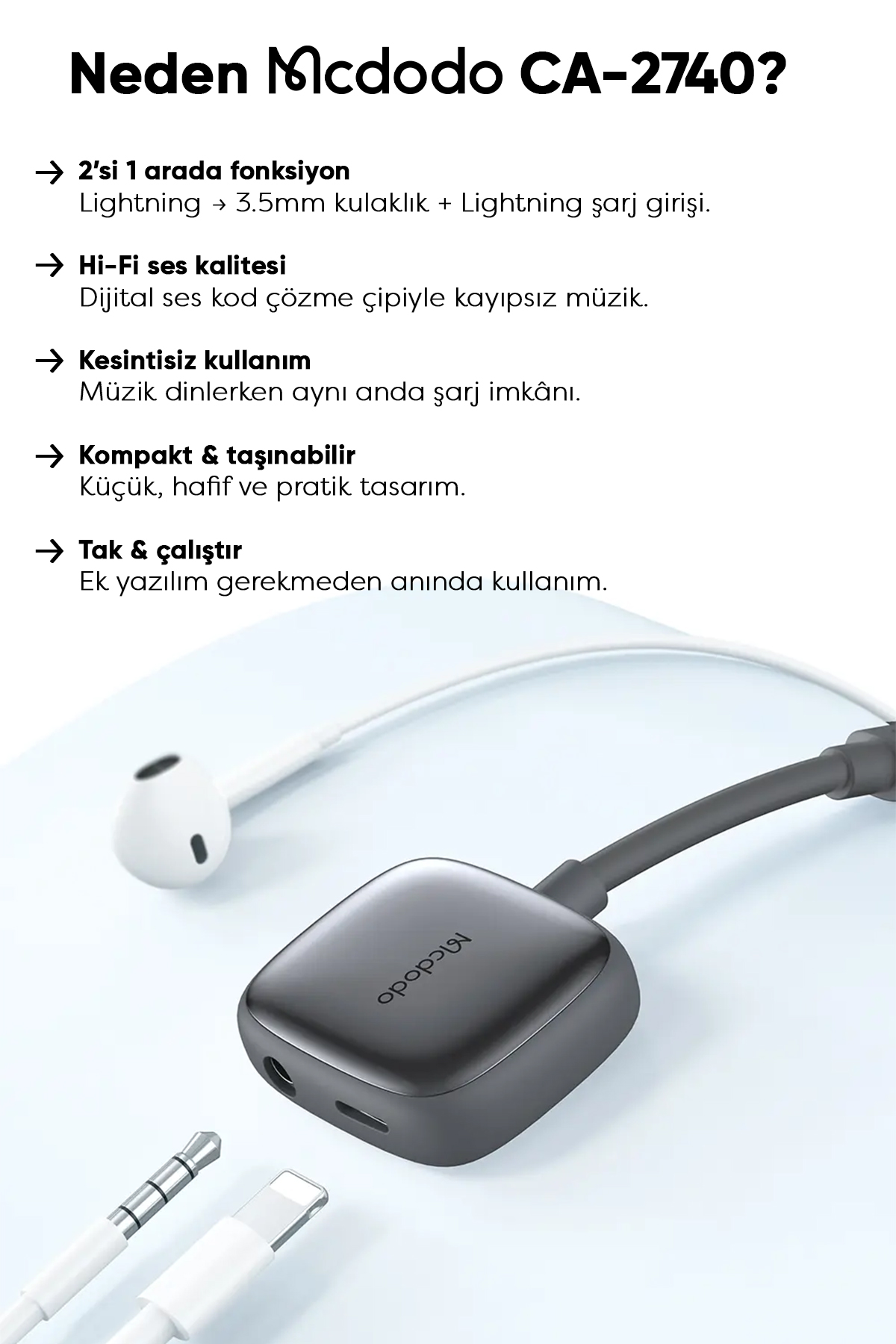 CA-2740 Lightning To Lightning Dijital Audio Adaptör - Gri Afişi