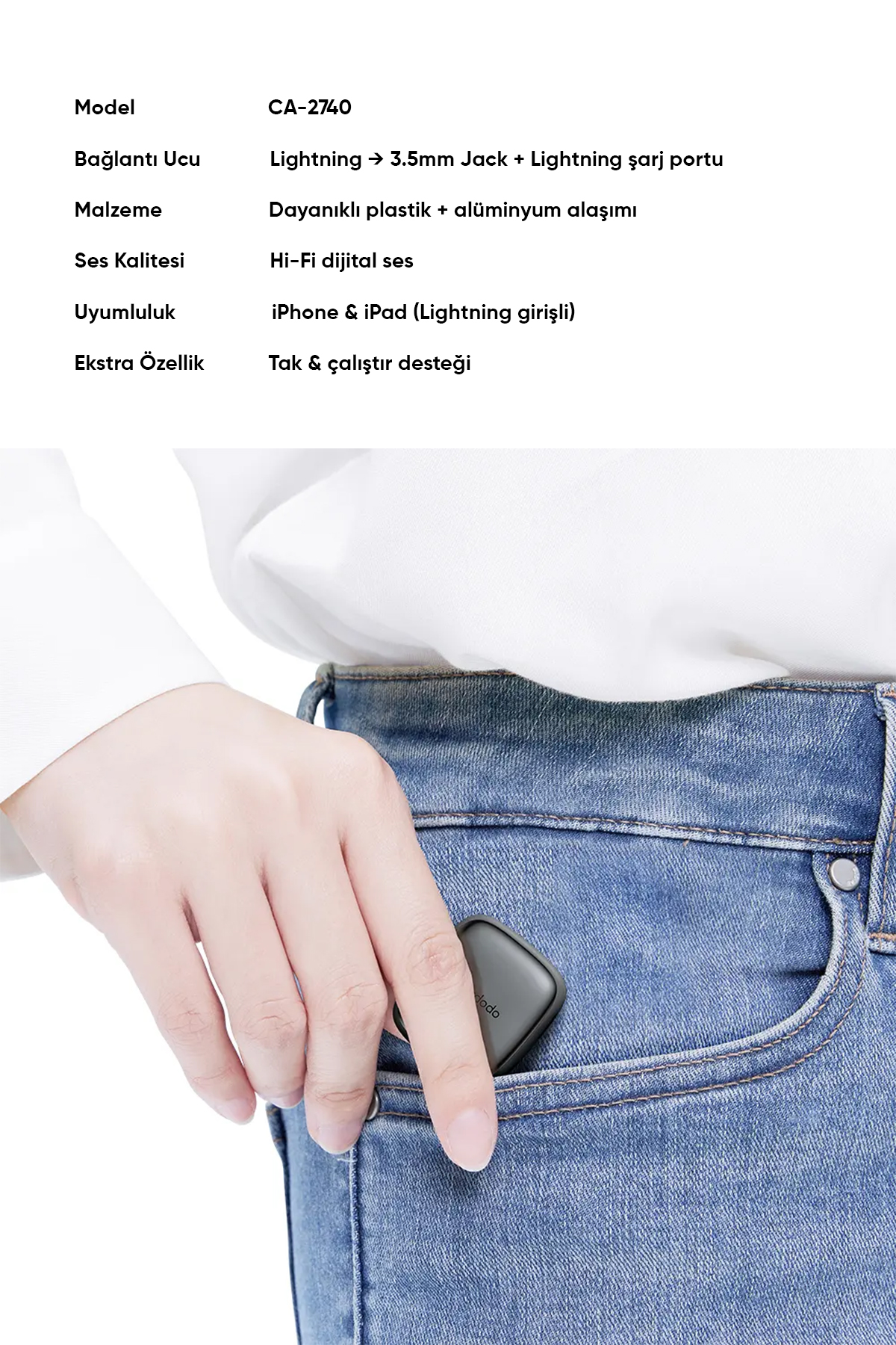 CA-2740 Lightning To Lightning Dijital Audio Adaptör - Gri Afişi