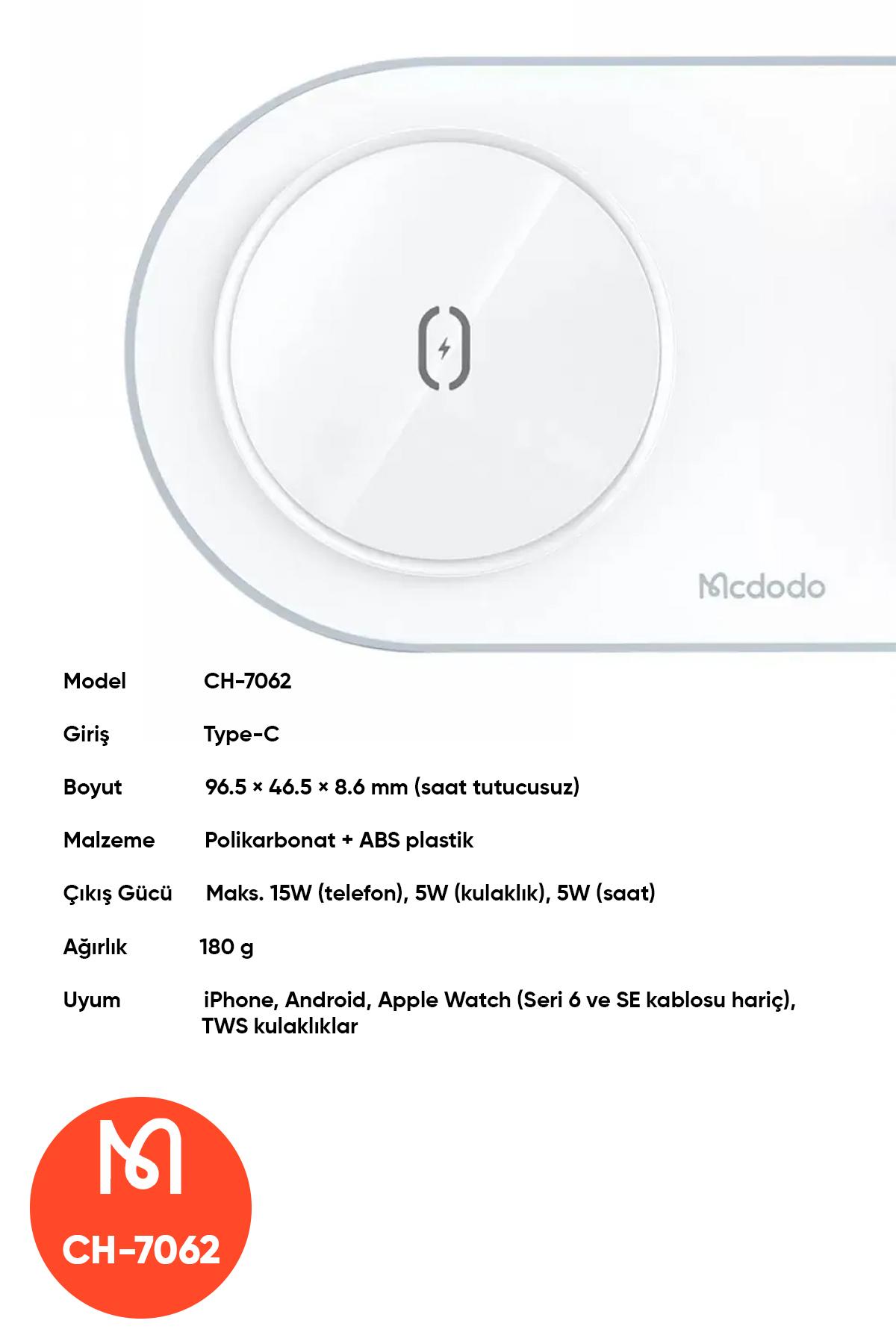 CH-7062 15W Çoklu Magsafe Tws Kulaklık, Watch Saat ve Telefon Şarj Ünitesi - Beyaz Afişi