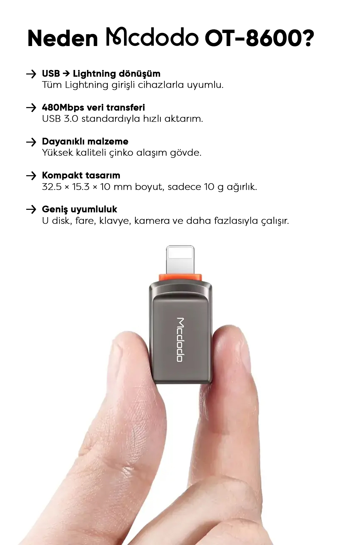 OT-8600 Usb-A To Lightning Dönüştürücü Soket - Gri Afişi