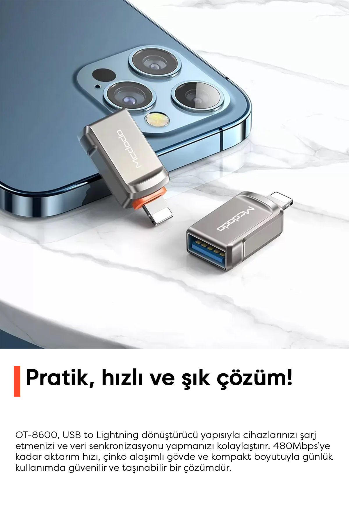 OT-8600 Usb-A To Lightning Dönüştürücü Soket - Gri Afişi