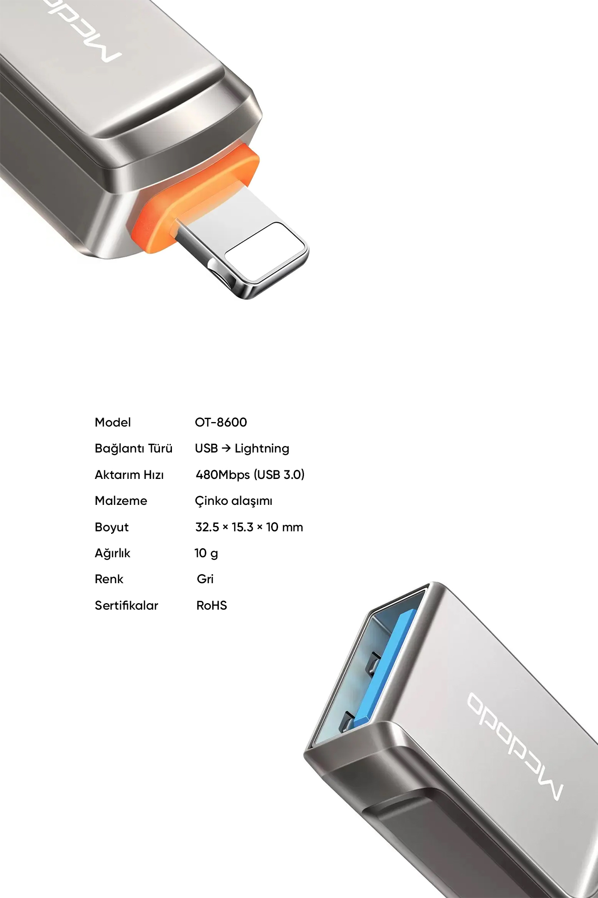 OT-8600 Usb-A To Lightning Dönüştürücü Soket - Gri Afişi