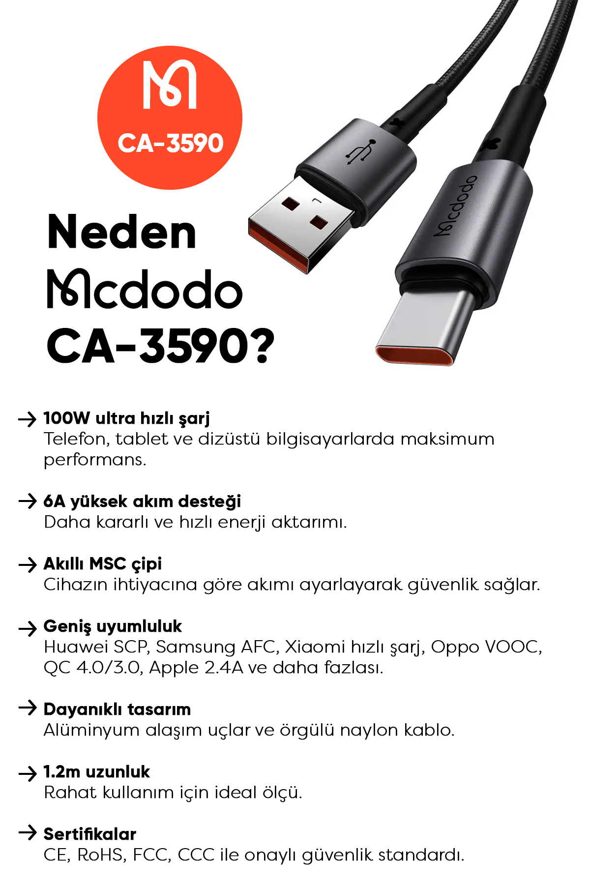 CA-3590 Usb-A To Type-C Hızlı Şarj ve Veri Aktarım Kablosu - Siyah 1.2M Afişi