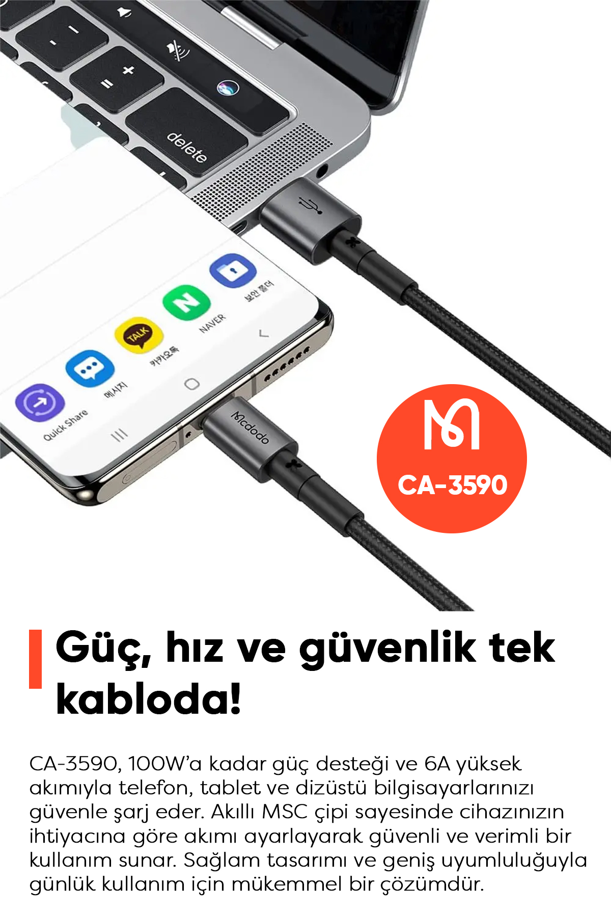 CA-3590 Usb-A To Type-C Hızlı Şarj ve Veri Aktarım Kablosu - Siyah 1.2M Afişi
