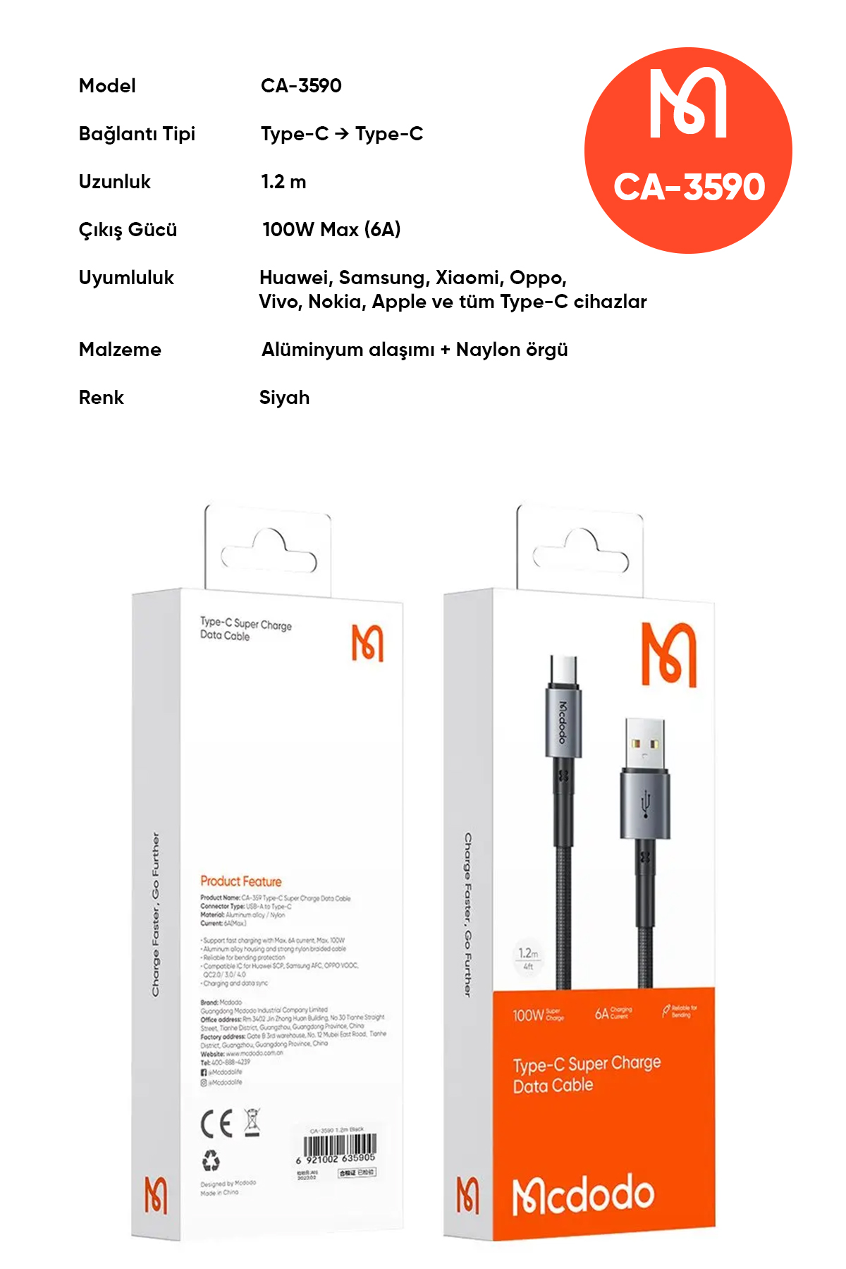 CA-3590 Usb-A To Type-C Hızlı Şarj ve Veri Aktarım Kablosu - Siyah 1.2M Afişi