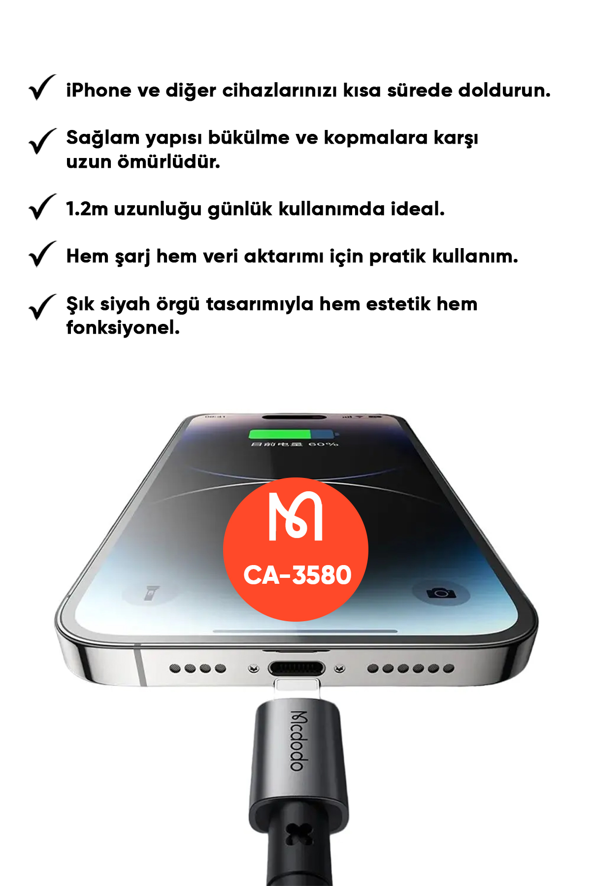 CA-3580 Usb-A To Lightning Şarj ve Veri Aktarım Kablosu - Siyah 1.2M Afişi