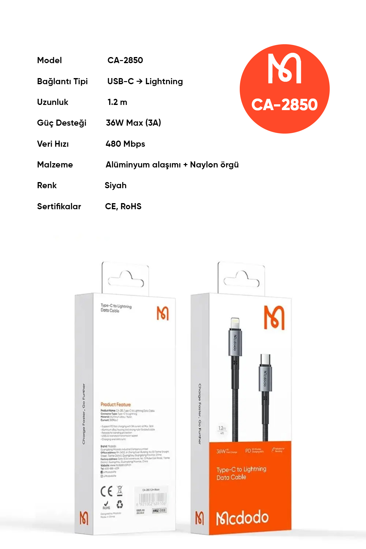 CA-2850 Type-C To Lightning Hızlı Şarj ve Data Kablosu - Siyah Afişi