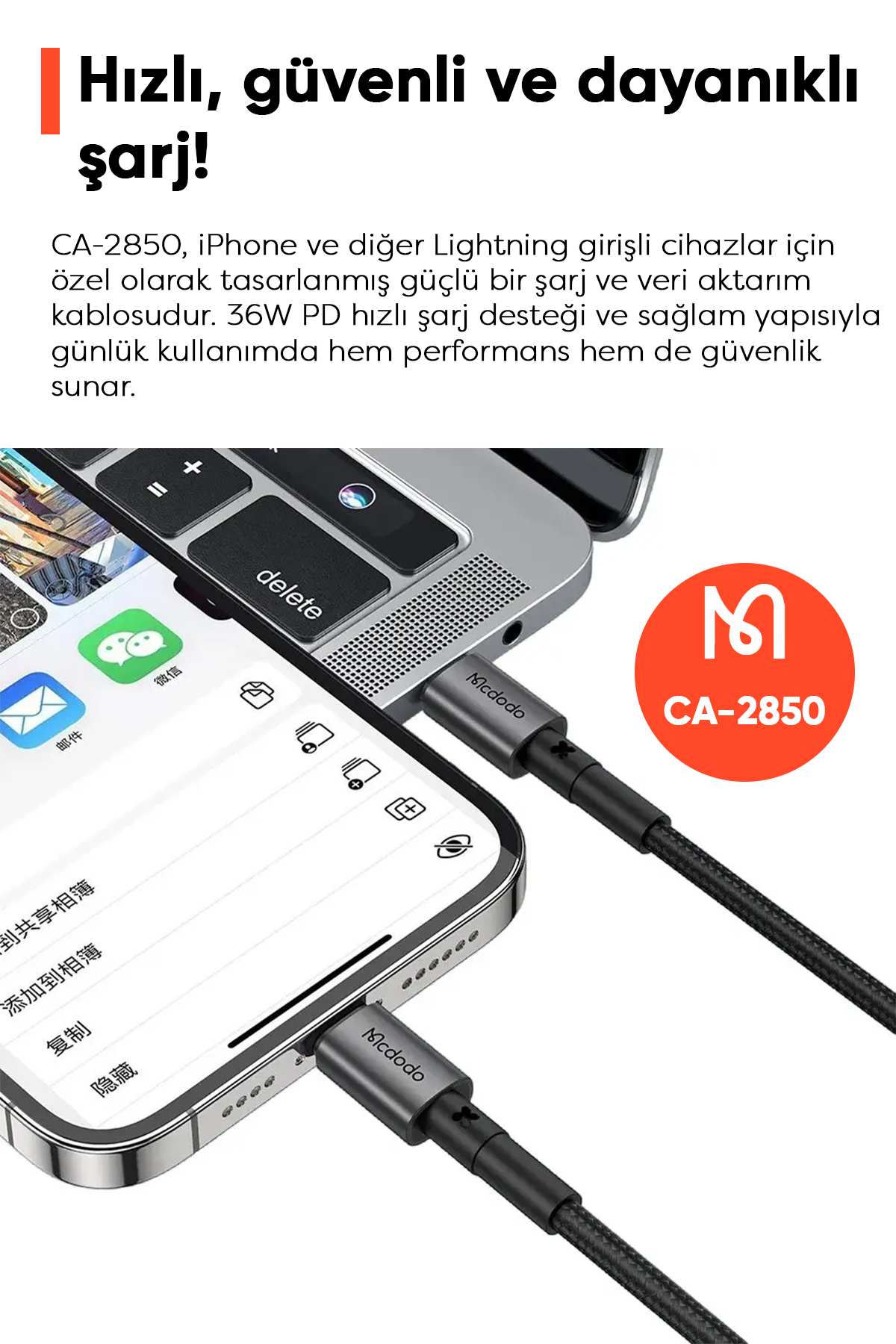 CA-2850 Type-C To Lightning Hızlı Şarj ve Data Kablosu - Siyah Afişi