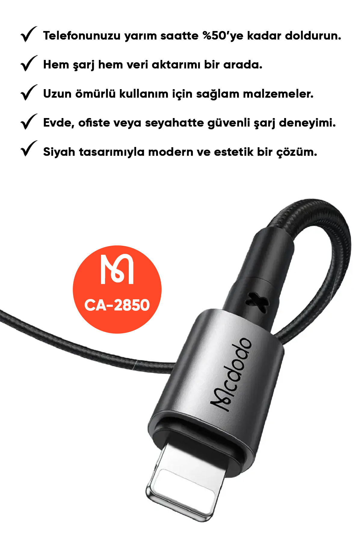 CA-2850 Type-C To Lightning Hızlı Şarj ve Data Kablosu - Siyah Afişi