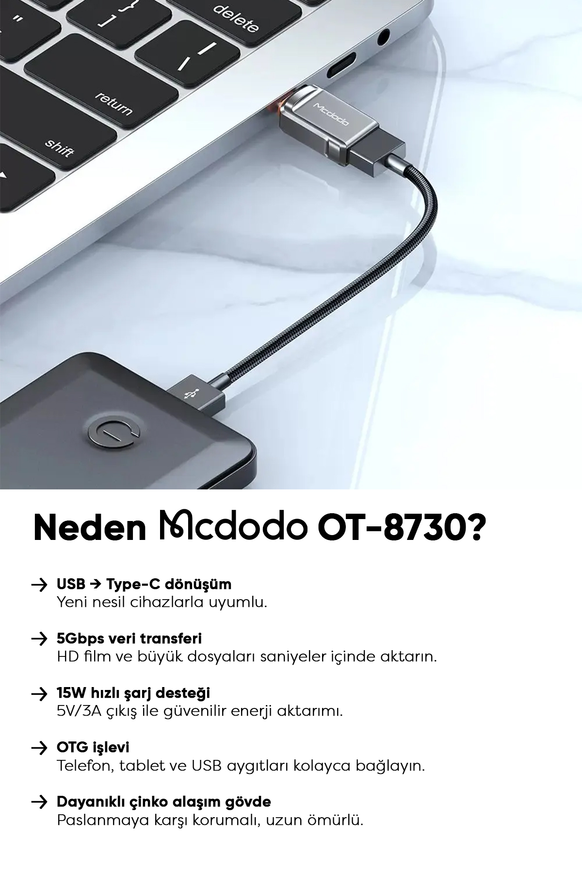 OT-8730 Usb-A To Type-C Çevirici Soket-Gri Afişi