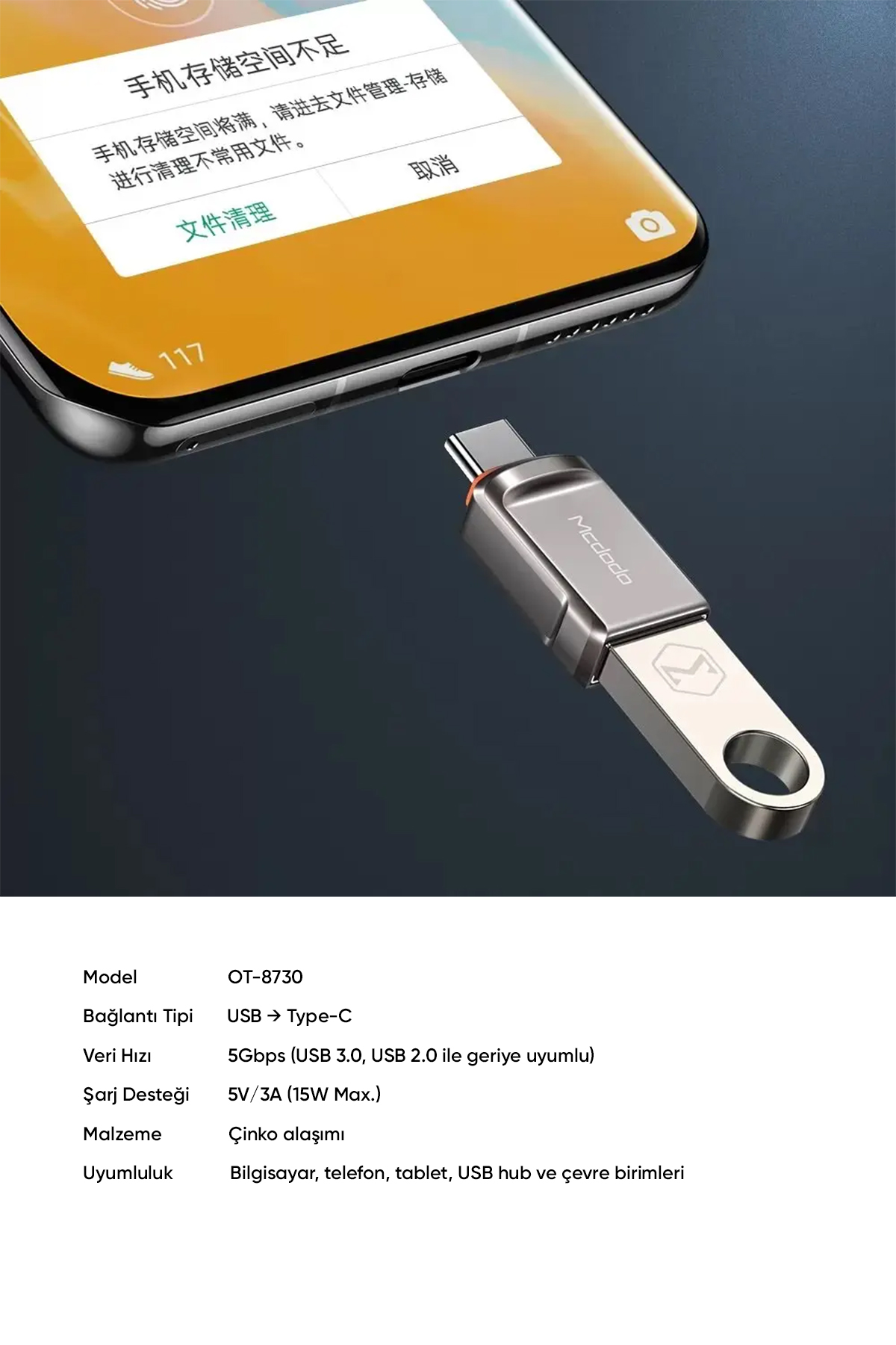 OT-8730 Usb-A To Type-C Çevirici Soket-Gri Afişi