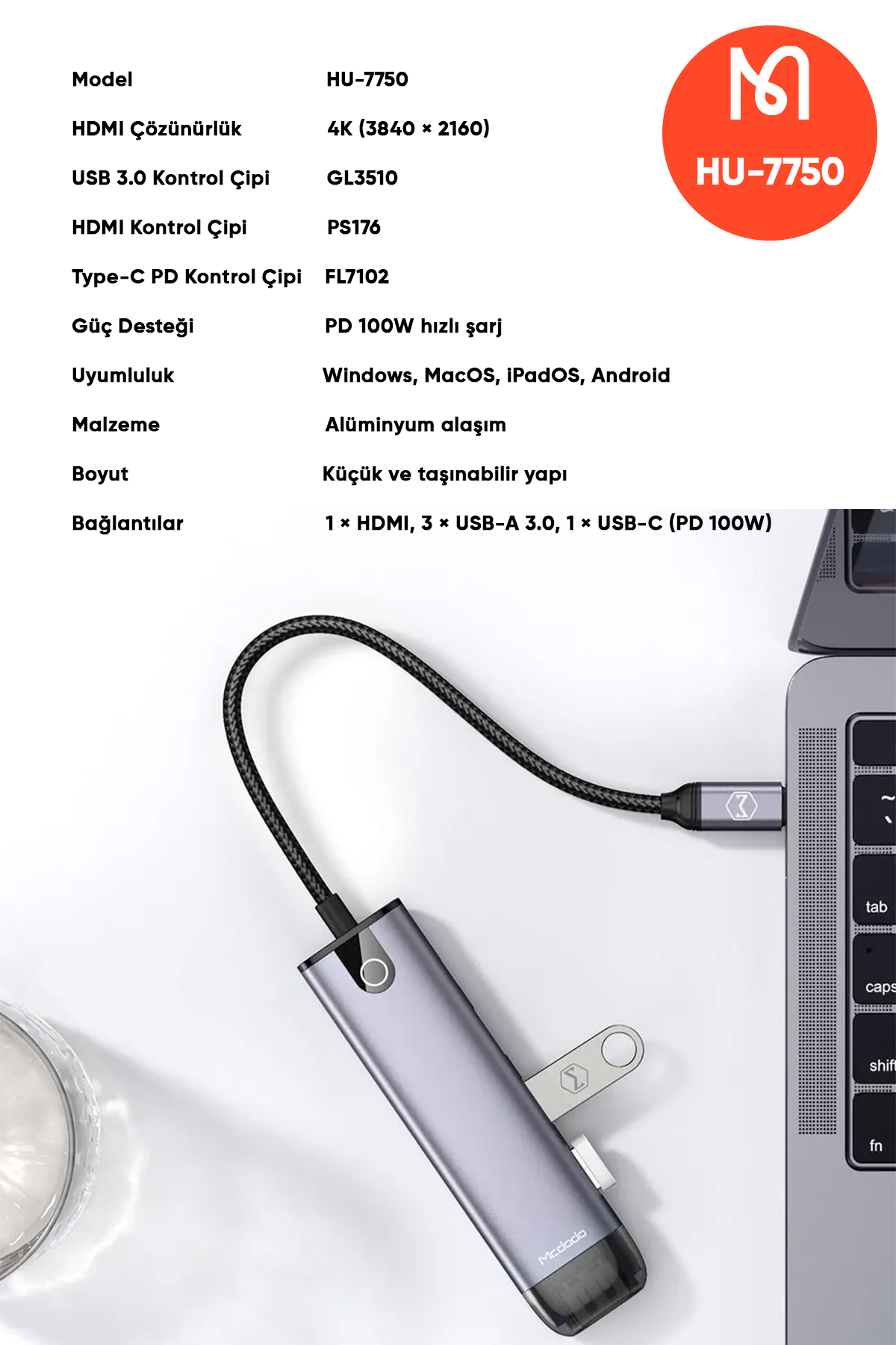 HU-7750 Type-C To 3xUsb 1xType-C 1xHDMI Girişli Çoklayıcı Adaptör-Gri Afişi