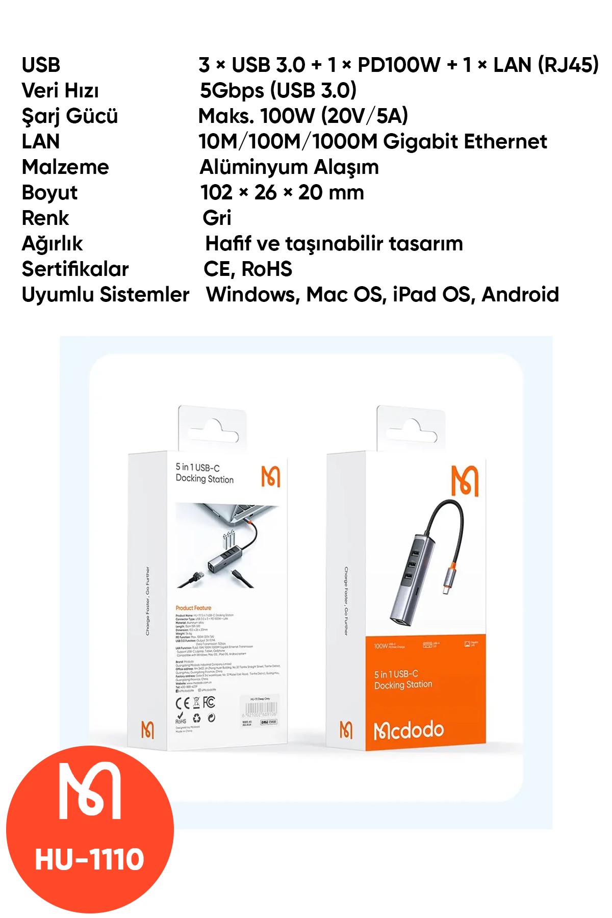 HU-1110 1xType-C + 3xUSB + Lan 5in 1 Çoklayıcı Adaptör - Gri Afişi