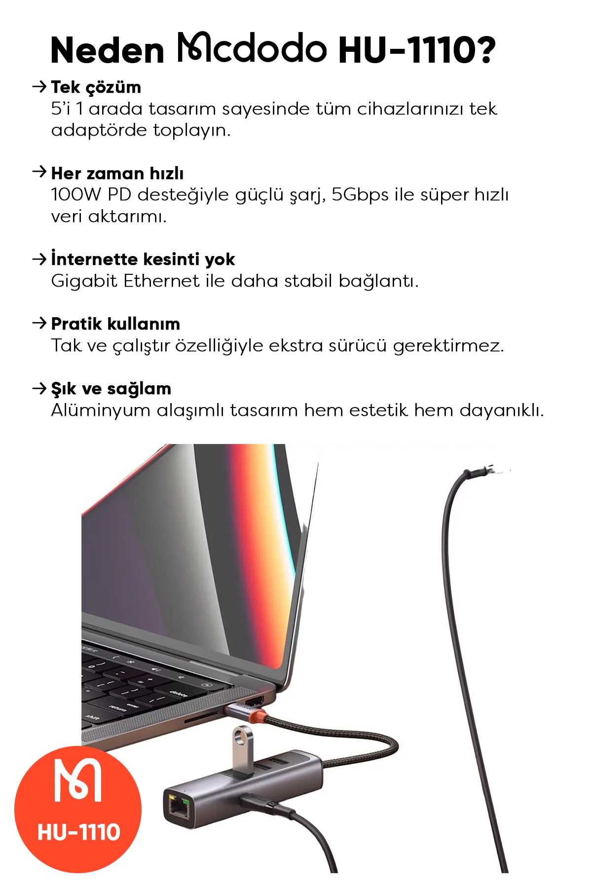 HU-1110 1xType-C + 3xUSB + Lan 5in 1 Çoklayıcı Adaptör - Gri Afişi