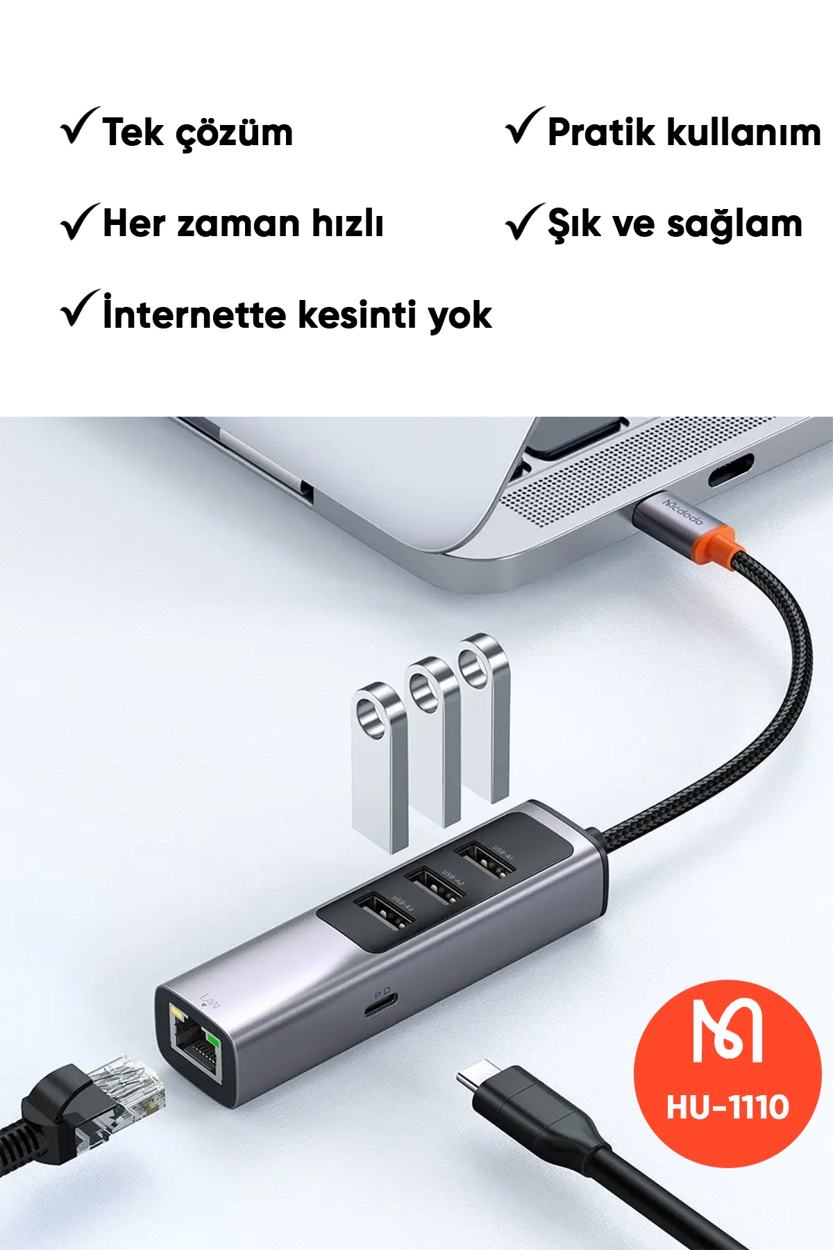 HU-1110 1xType-C + 3xUSB + Lan 5in 1 Çoklayıcı Adaptör - Gri Afişi