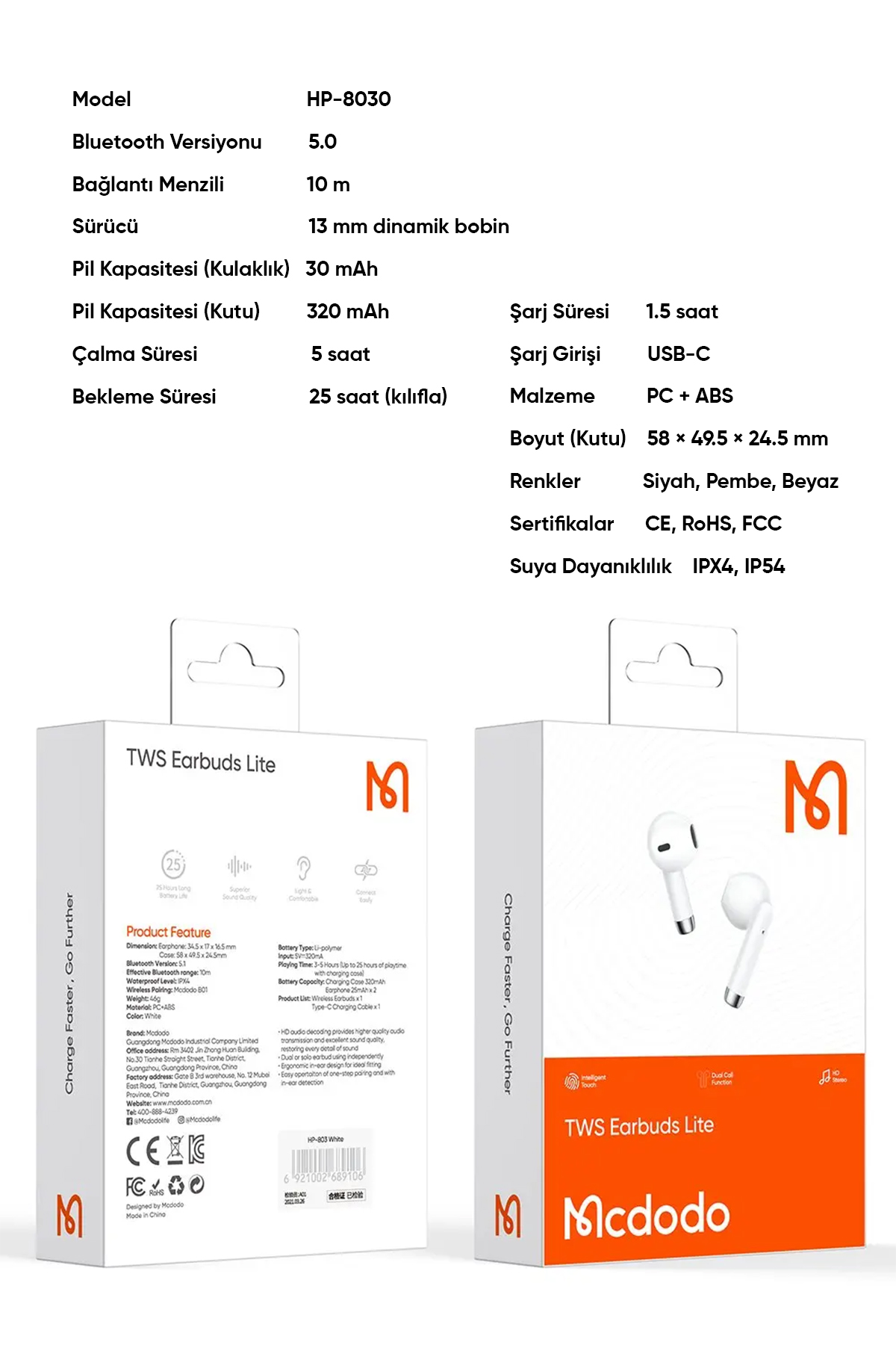 HP-8030 TWS Bluetooth 5.0 Kablosuz Kulaklık - Beyaz Afişi