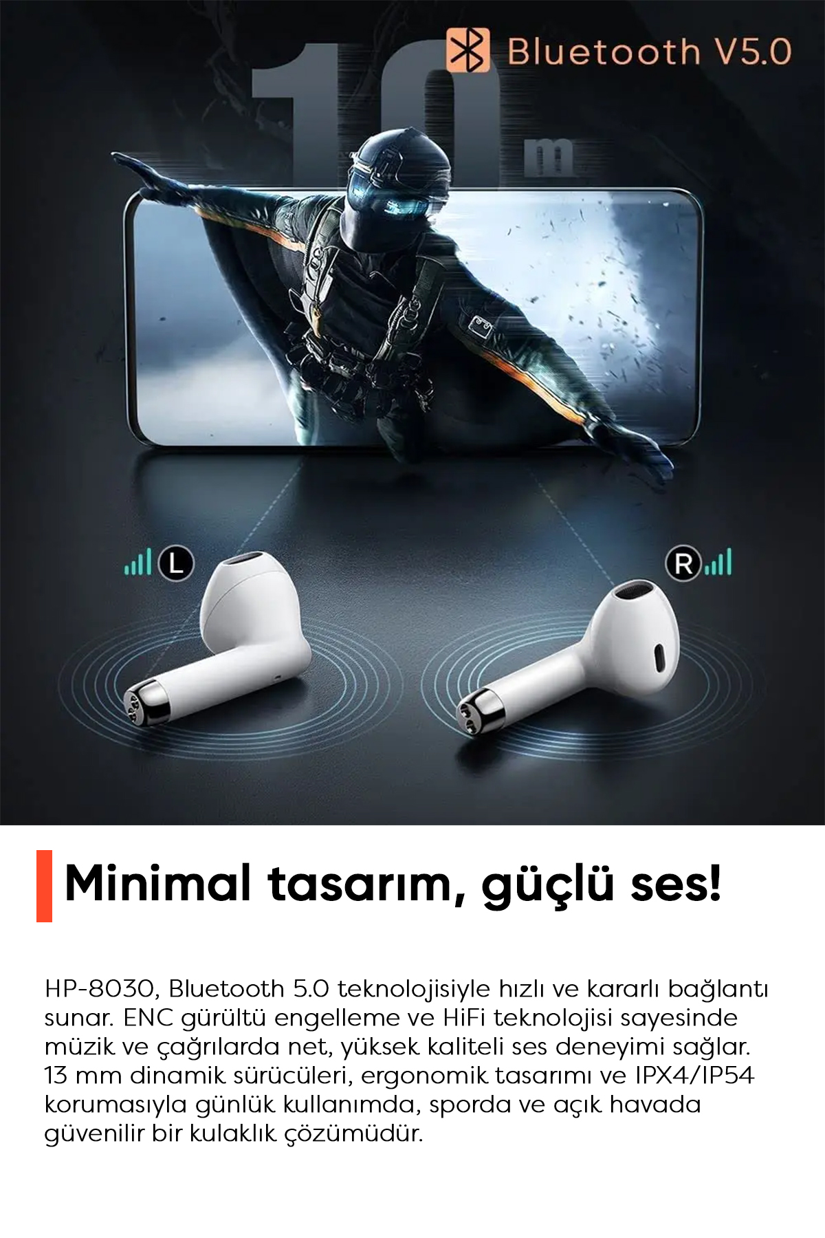 HP-8030 TWS Bluetooth 5.0 Kablosuz Kulaklık - Beyaz Afişi