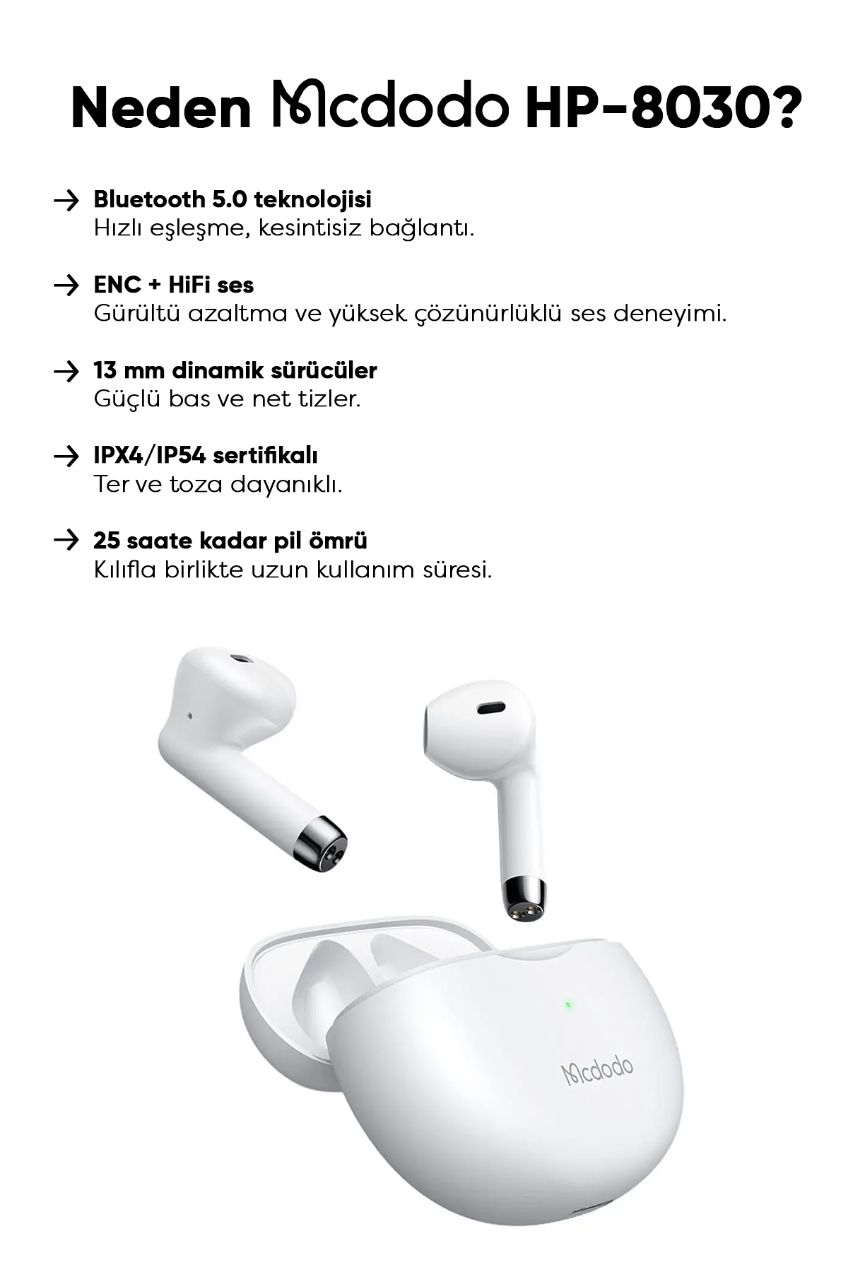HP-8030 TWS Bluetooth 5.0 Kablosuz Kulaklık - Beyaz Afişi