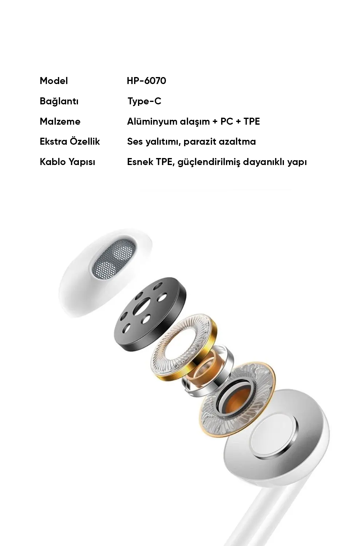 HP-6070 Type-C Girişli Kablolu Mikrofonlu Kulaklık-Beyaz Afişi