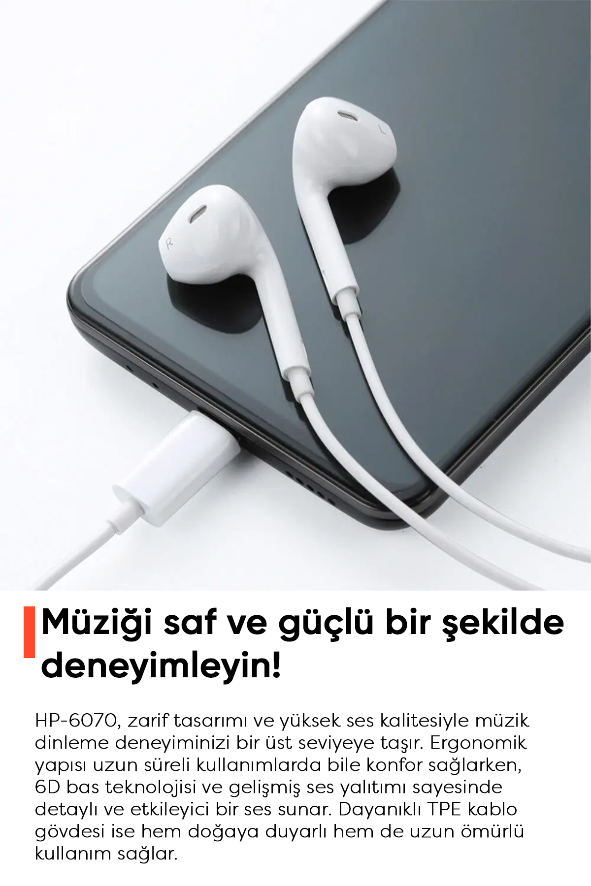 HP-6070 Type-C Girişli Kablolu Mikrofonlu Kulaklık-Beyaz Afişi