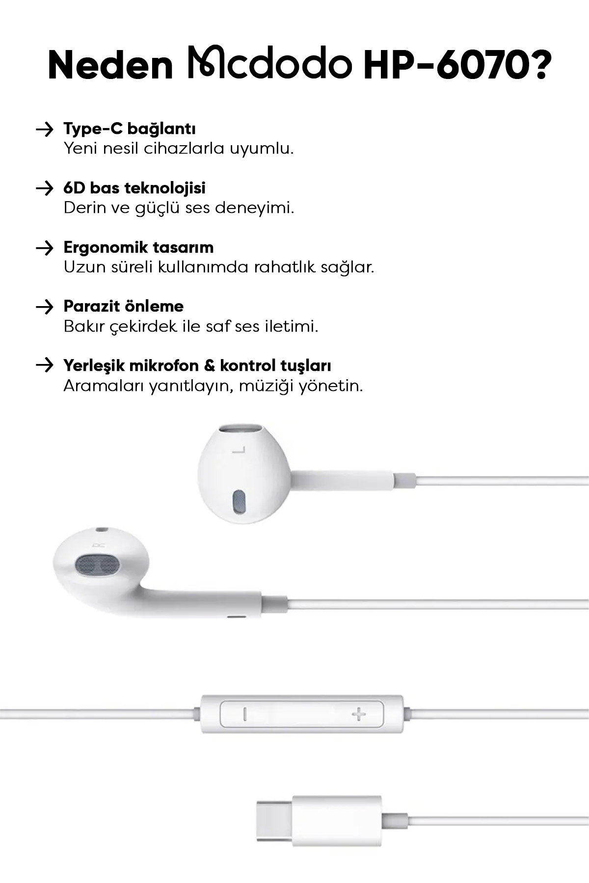 HP-6070 Type-C Girişli Kablolu Mikrofonlu Kulaklık-Beyaz Afişi